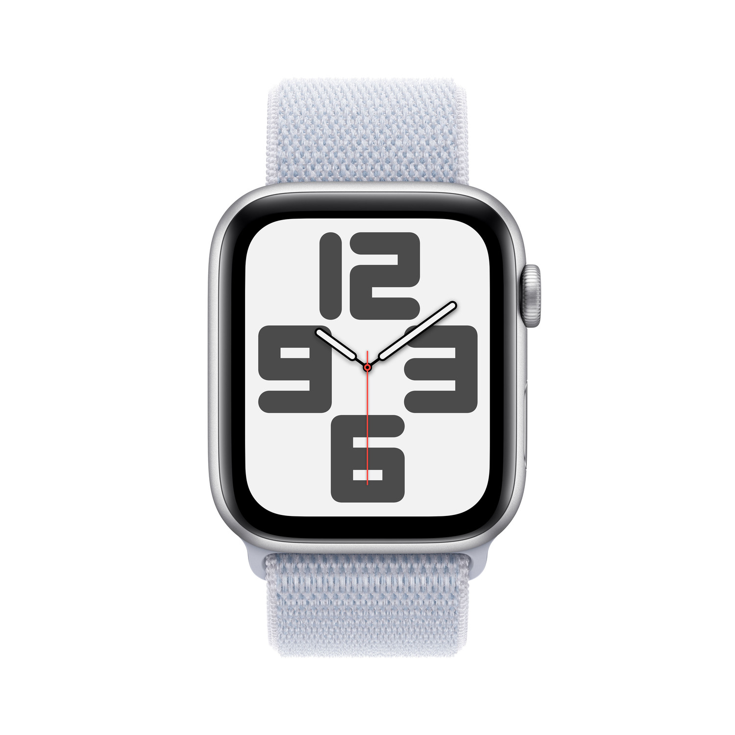 Apple Watch with white face, displaying numbers, on light blue fabric strap.