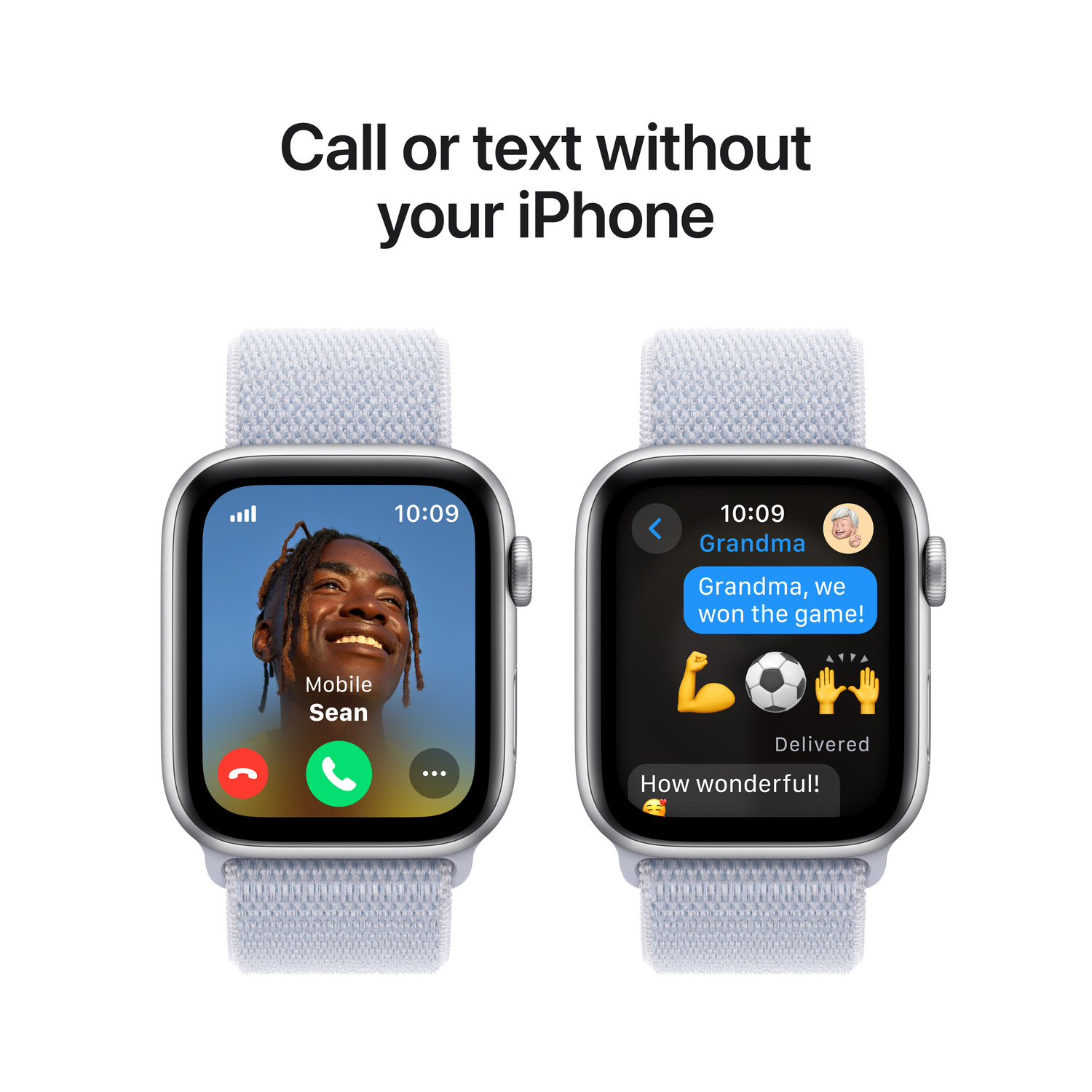 Two smartwatches on wrists, one calling and the other showing a text with emojis.