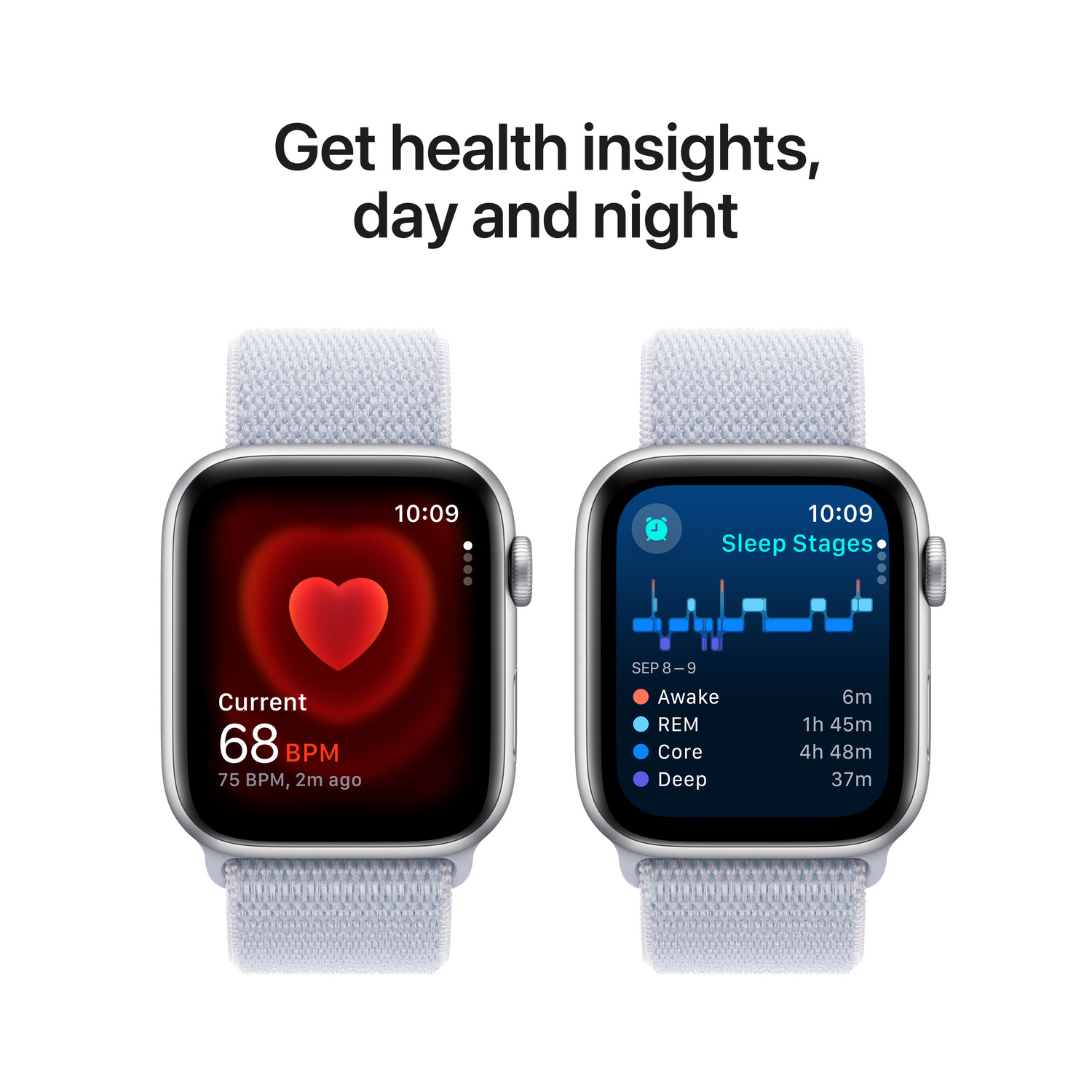 Two Apple Watches showing health data. One displays heart rate, the other sleep stages.