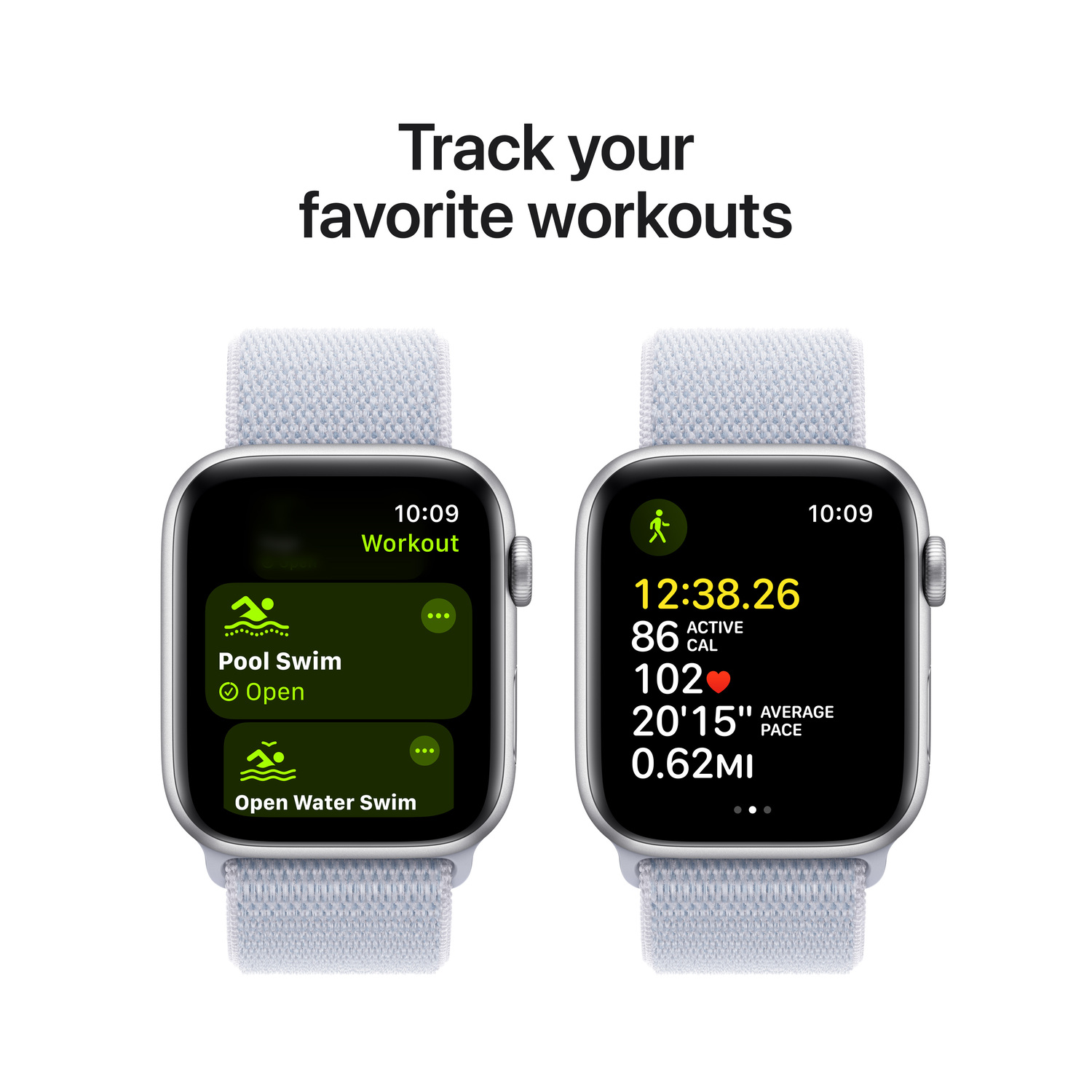 Two smartwatches displaying workout data, including swimming metrics.