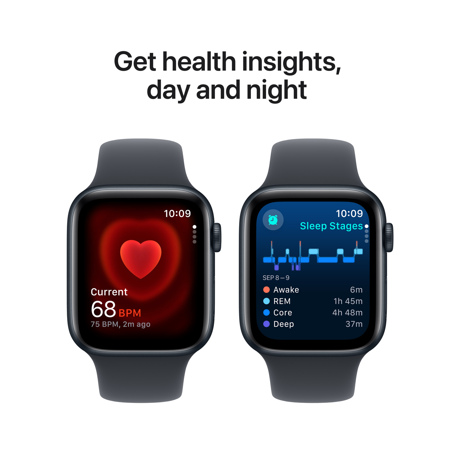 Two Apple Watches displaying health data: heart rate and sleep stages.