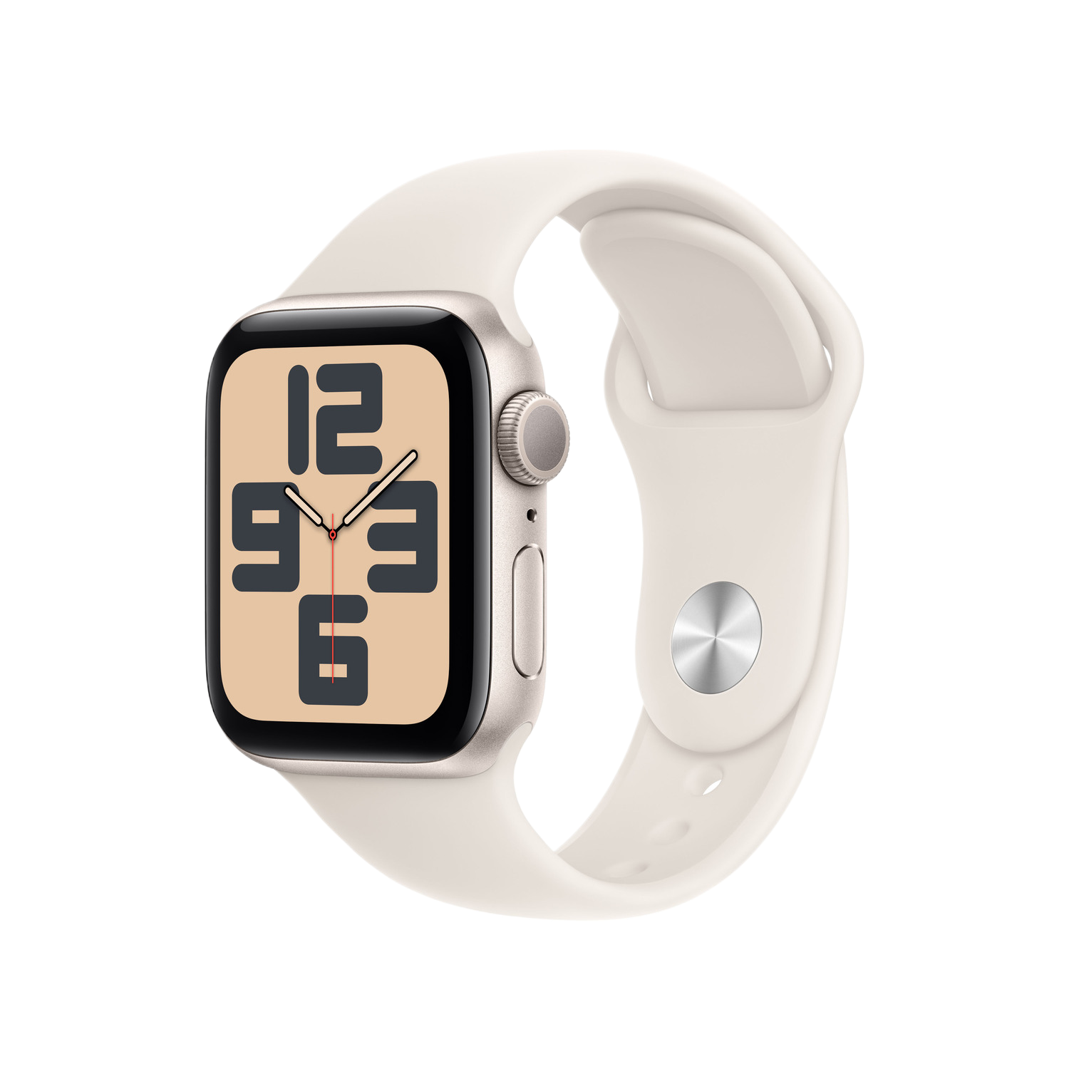 Cream Apple Watch with cream band, displaying time. White background.