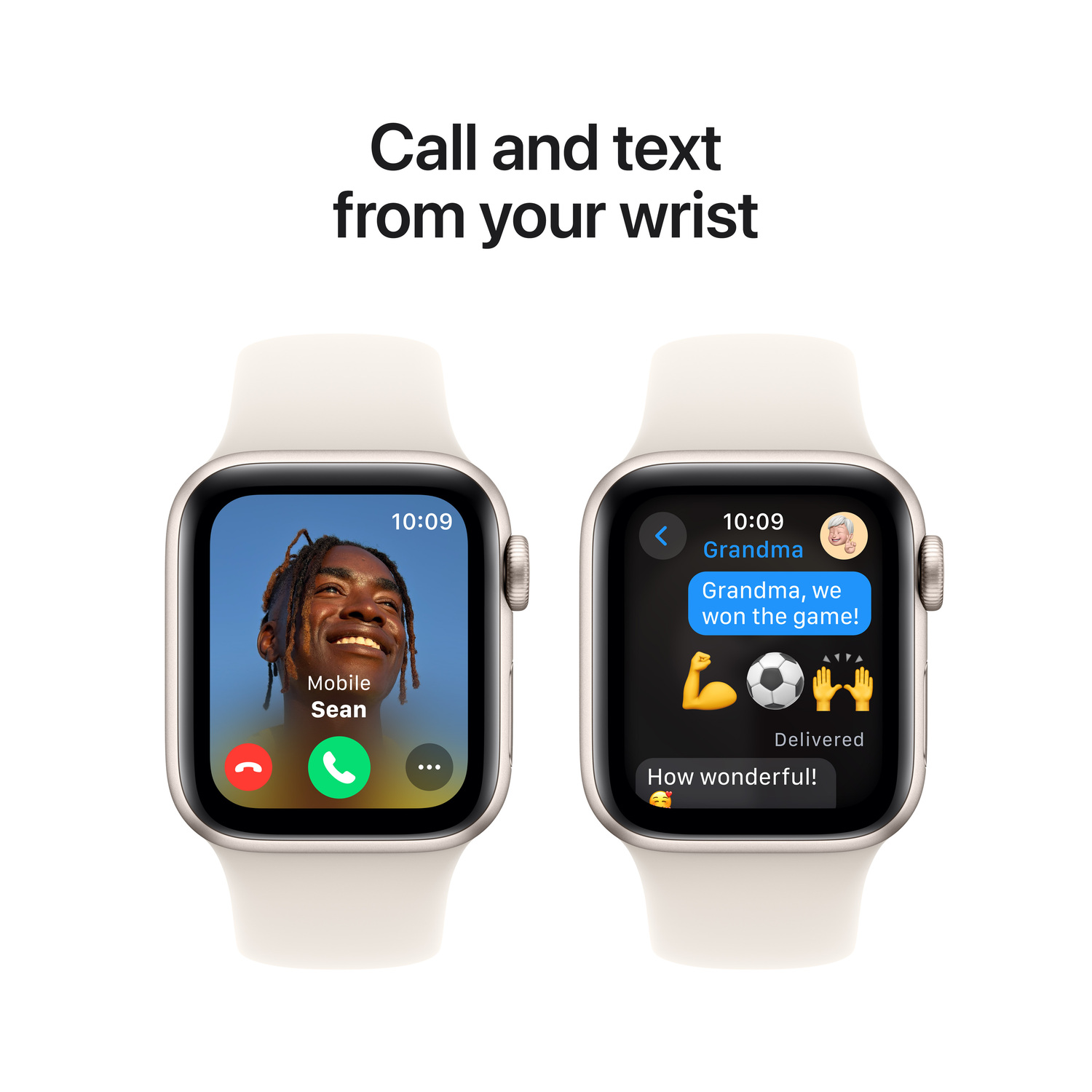 Two smartwatches displaying call screens. One shows a man, the other shows a text.
