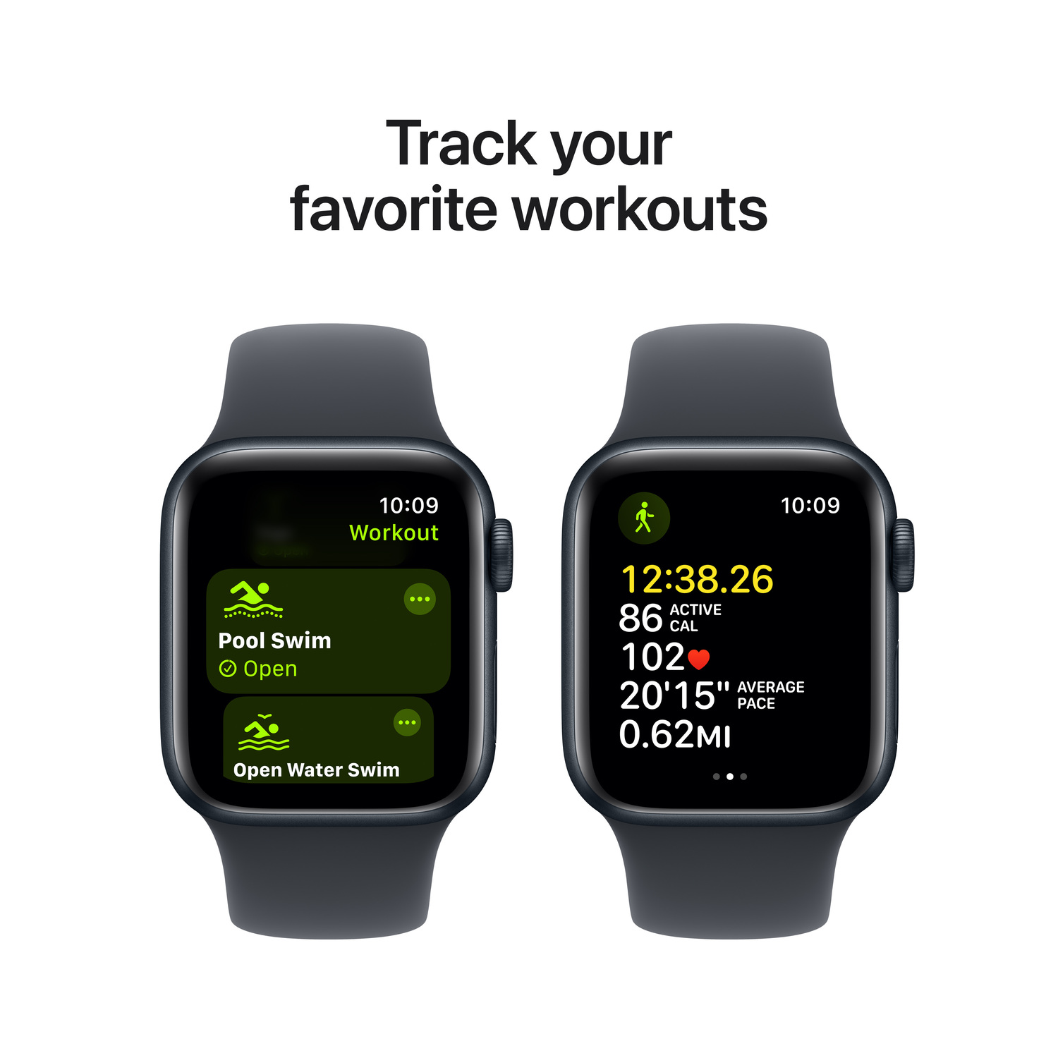 Two Apple Watches displaying workout metrics. One shows pool swim, the other workout data.