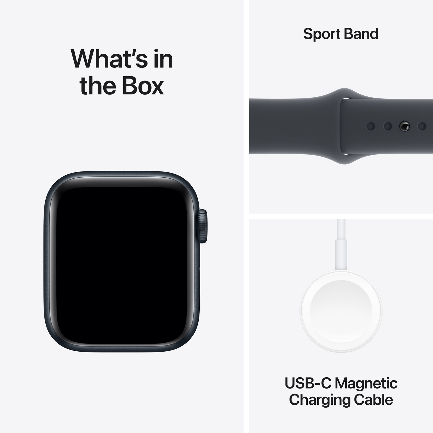 An Apple Watch and accessories: band, charging cable, and charging puck.