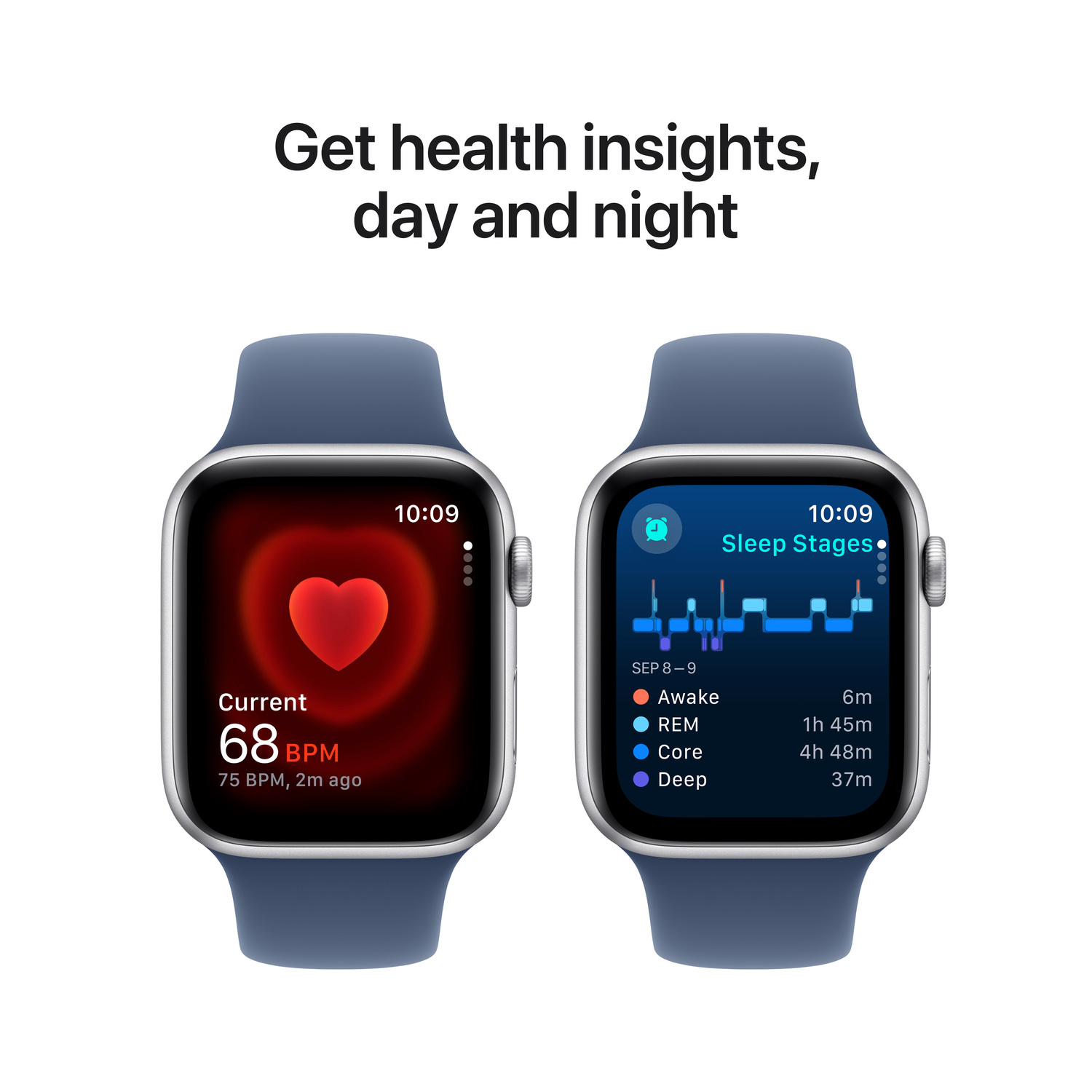Twee smartwatches met gezondheidsgegevens: hartslag en slaapfasen, tegen een witte achtergrond.