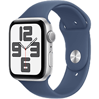 MediaMarkt APPLE Watch SE GPS 44mm Denim Sport Band M/L Smartwatch Silver Aluminium aanbieding