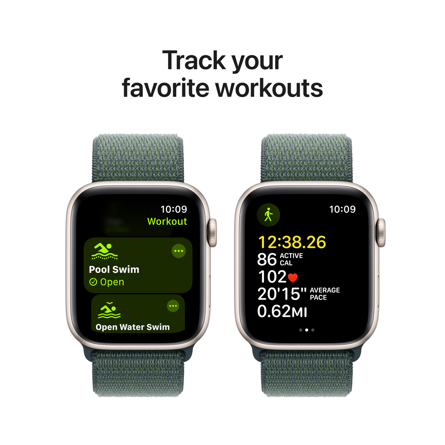 Two smartwatches display workout data. One shows pool swim, the other shows workout stats like time and calories.