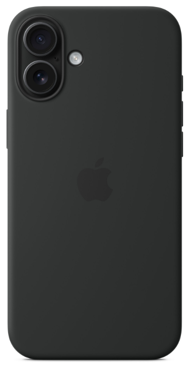 Czarny telefon z dwoma aparatami, logo Apple i czarnym etui.