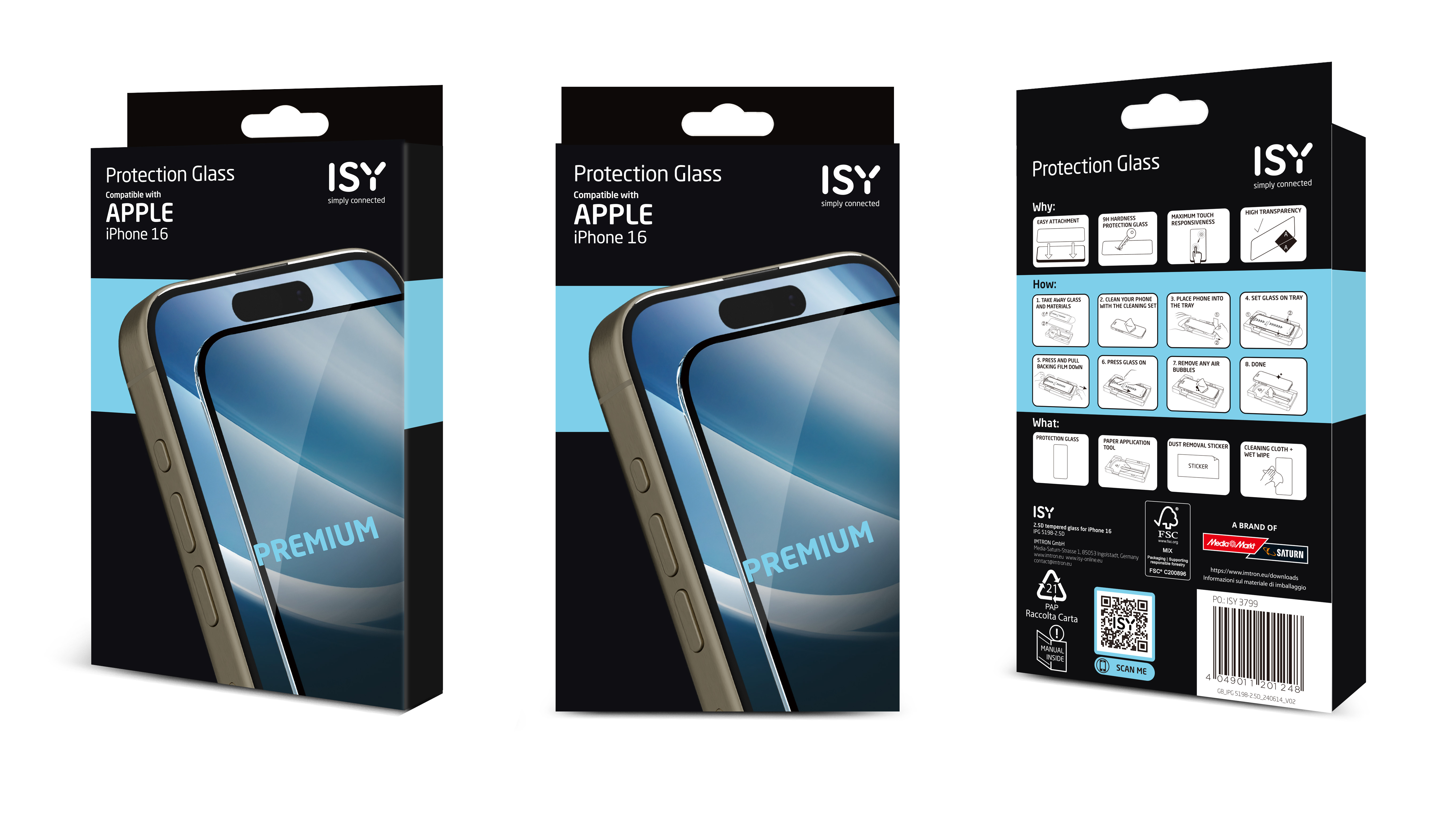 Tres cajas de ISY Protection Glass para iPhone, mostrando el teléfono y sus características.