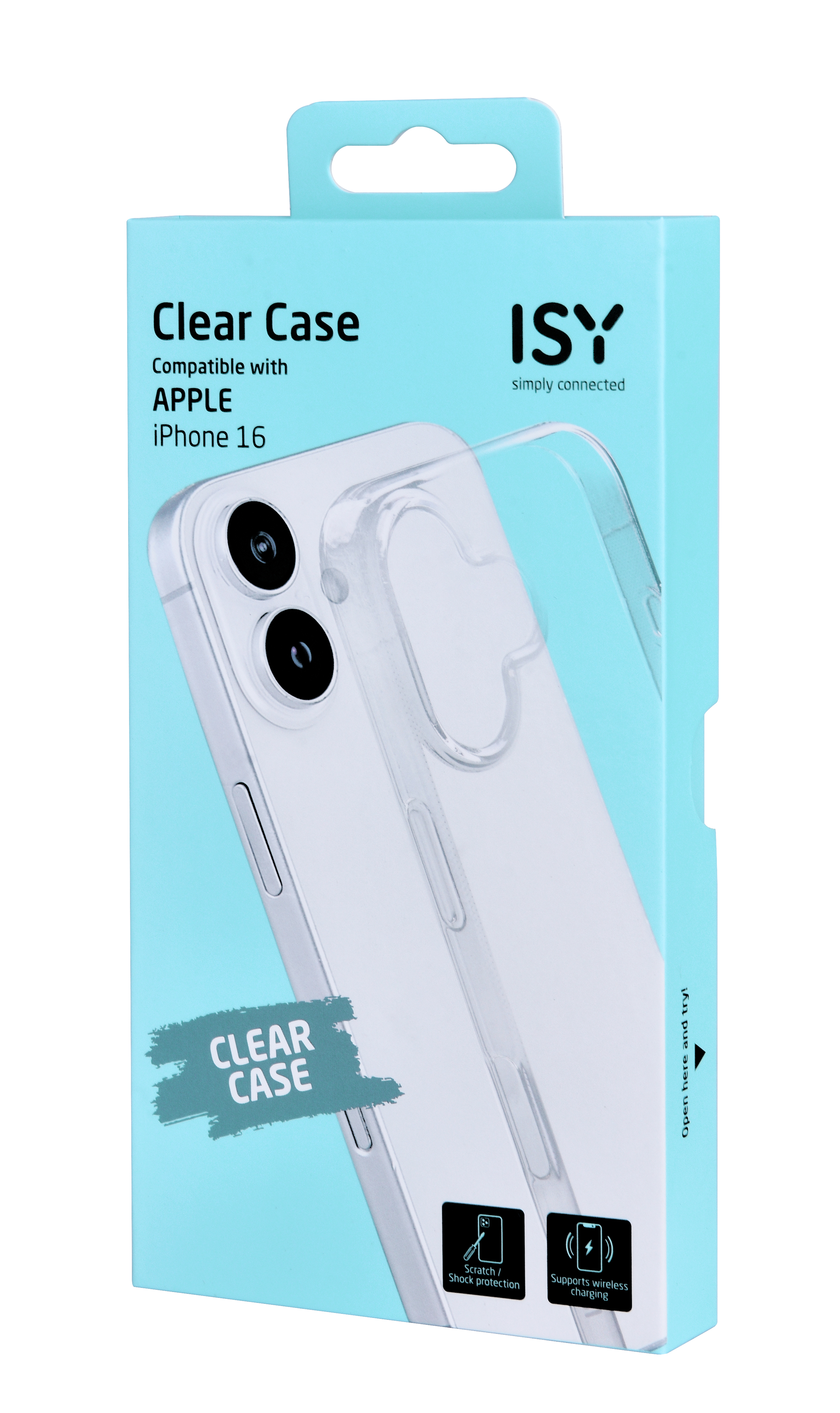 Funda transparente para iPhone en caja, con descripción.