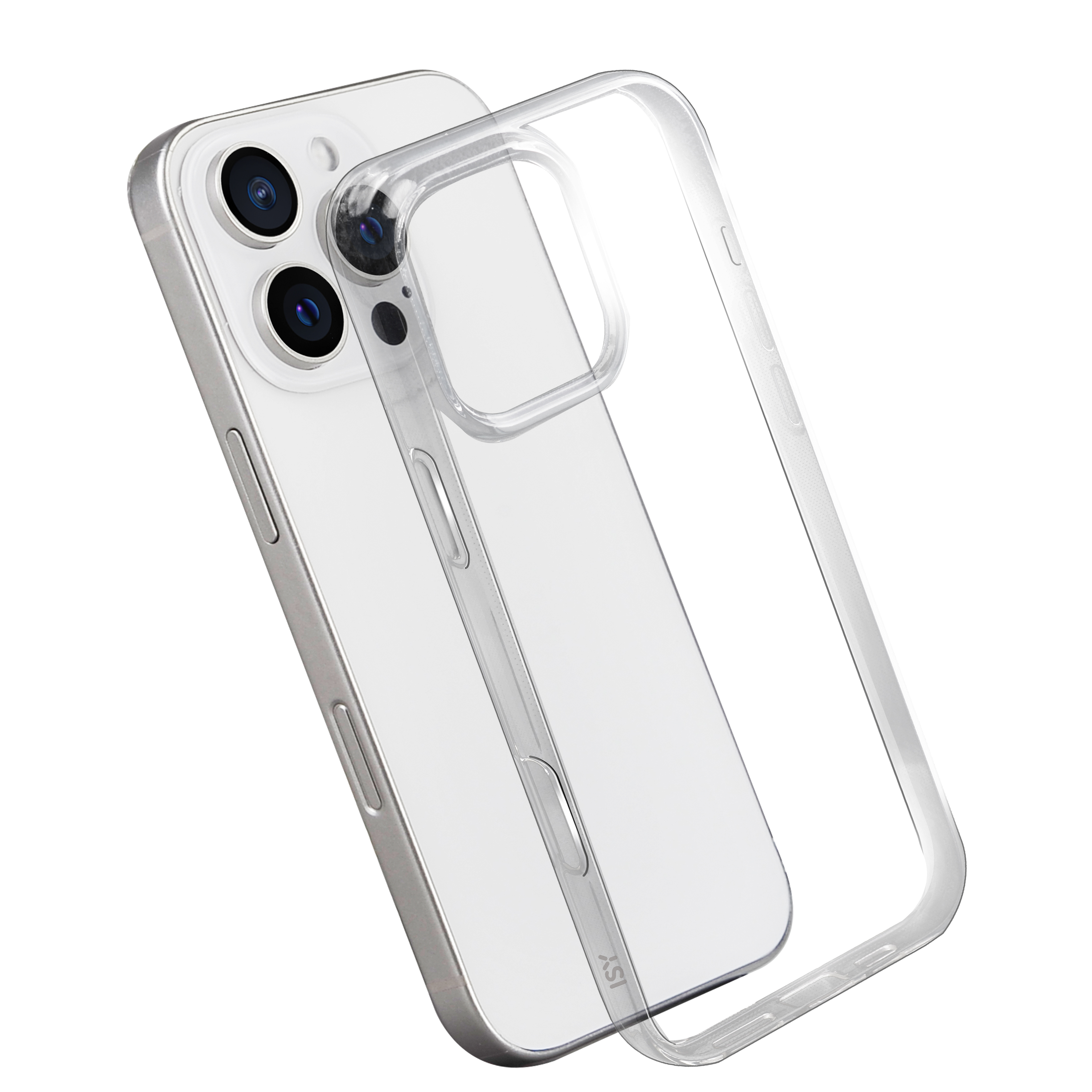 Un teléfono con una funda transparente, mostrando la parte trasera del teléfono y el módulo de la cámara.