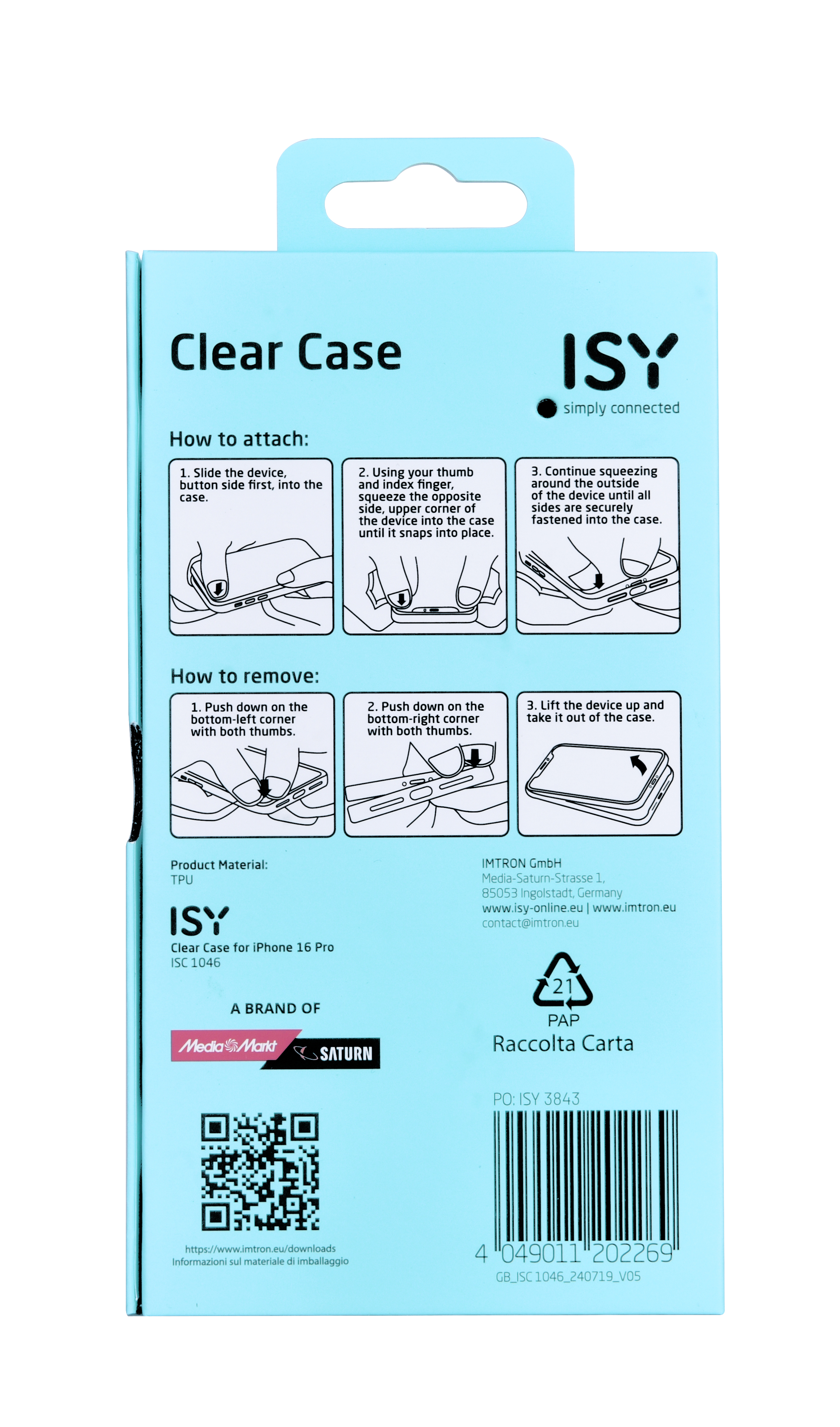 Un embalaje transparente para funda de teléfono con instrucciones y los logotipos 'ISY' y 'MediaMarkt'.