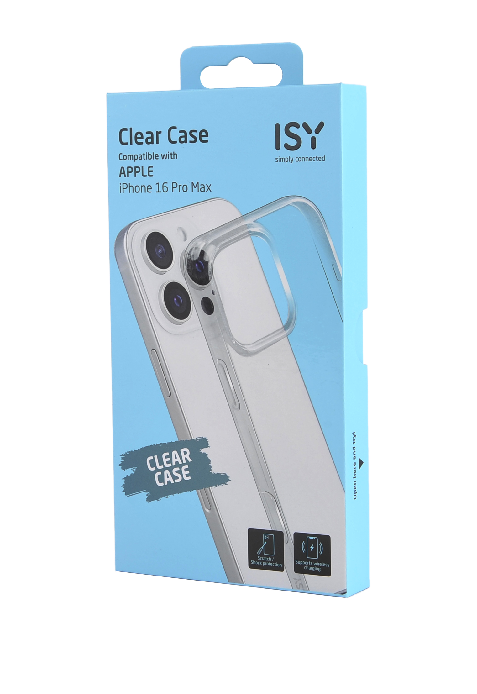 Caja azul con una funda transparente para teléfono. La caja dice 'Clear Case' e 'ISY'.