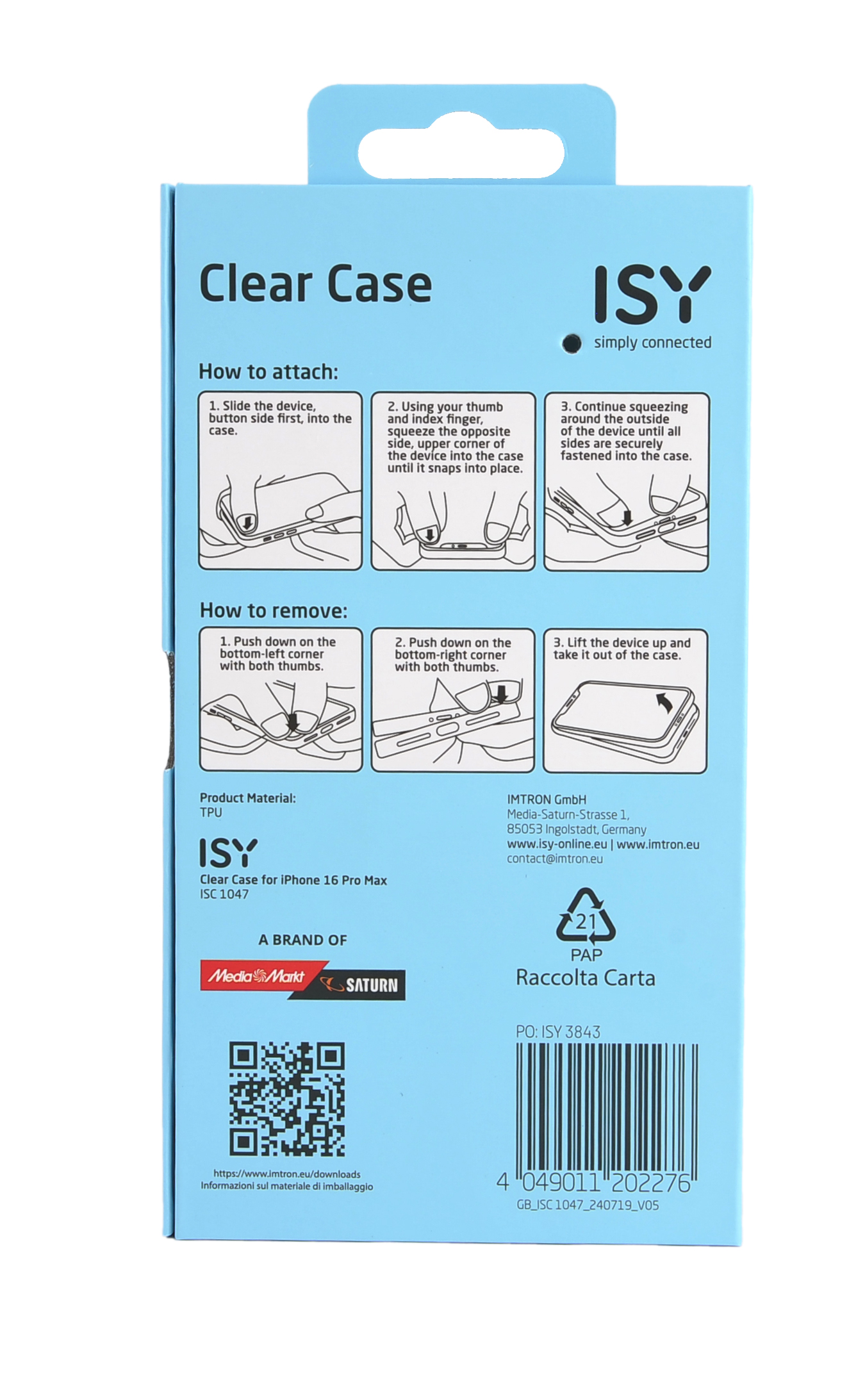 Embalaje transparente de funda de teléfono con instrucciones y marca sobre fondo azul.