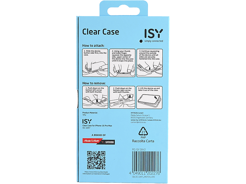 Funda móvil - ISY ISC 1047, Compatible con iPhone 16 Pro Max, Resistente a Golpes, Transparente – imagen 2