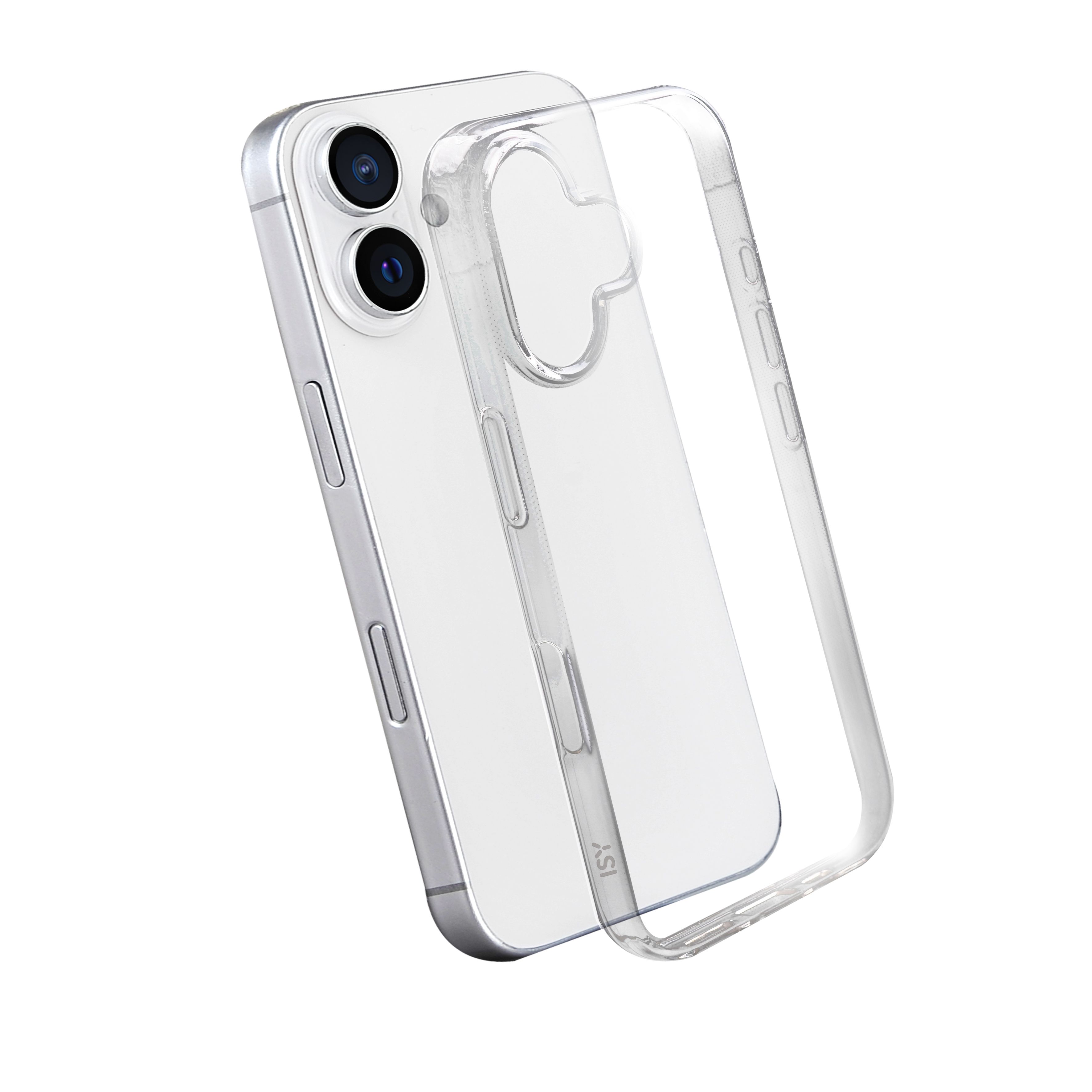 Funda transparente para iPhone, que cubre parcialmente el teléfono. La funda muestra una configuración de doble cámara.