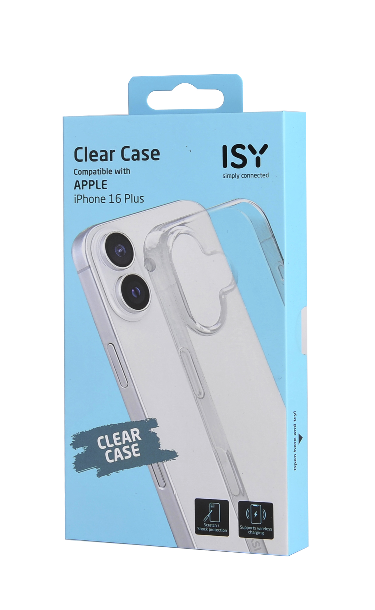 Funda transparente para iPhone con el nombre 'Clear Case' visible en la caja.