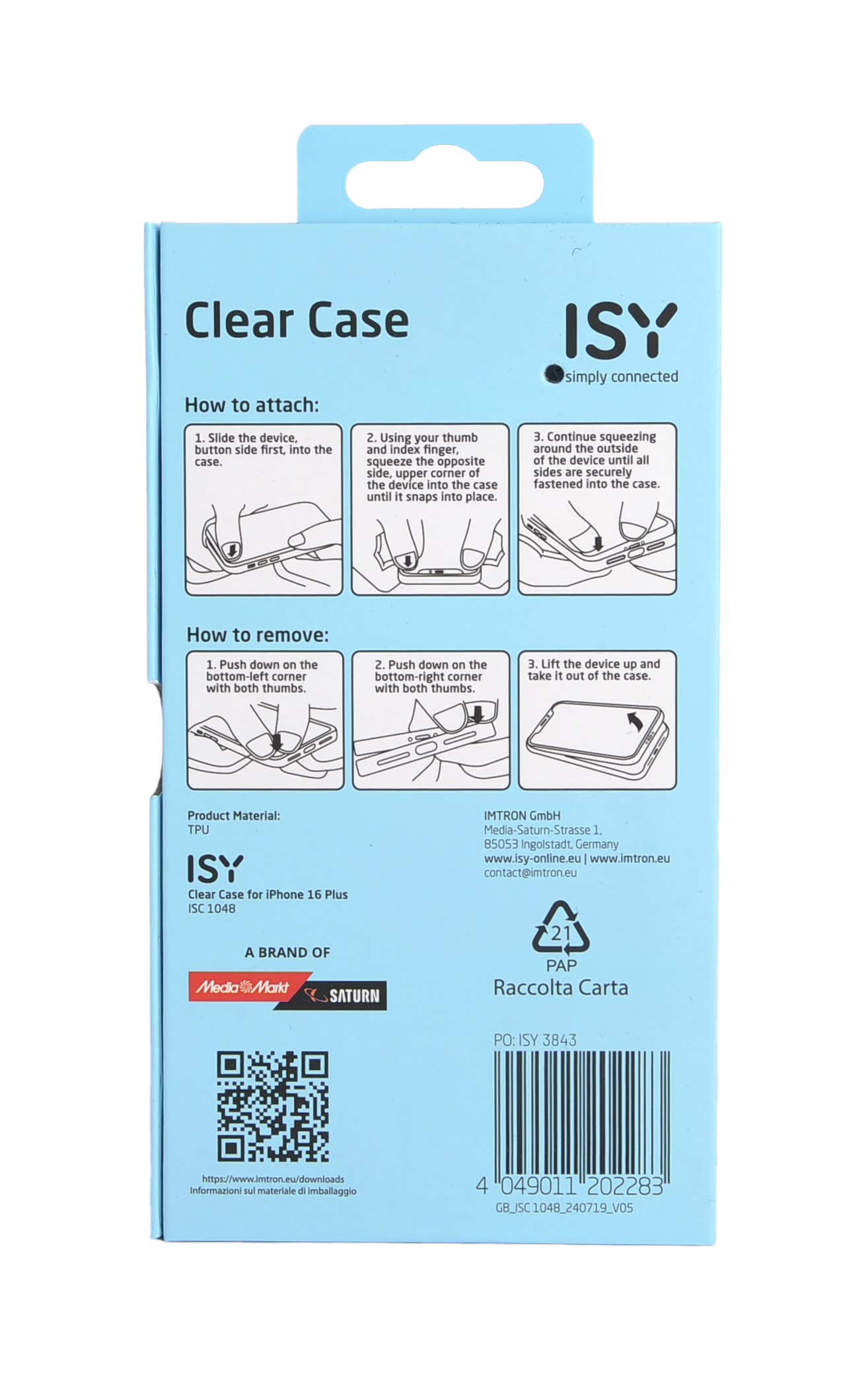 Parte trasera de una funda transparente para iPhone 16 Plus. Caja azul con instrucciones y logotipos. Fondo blanco.