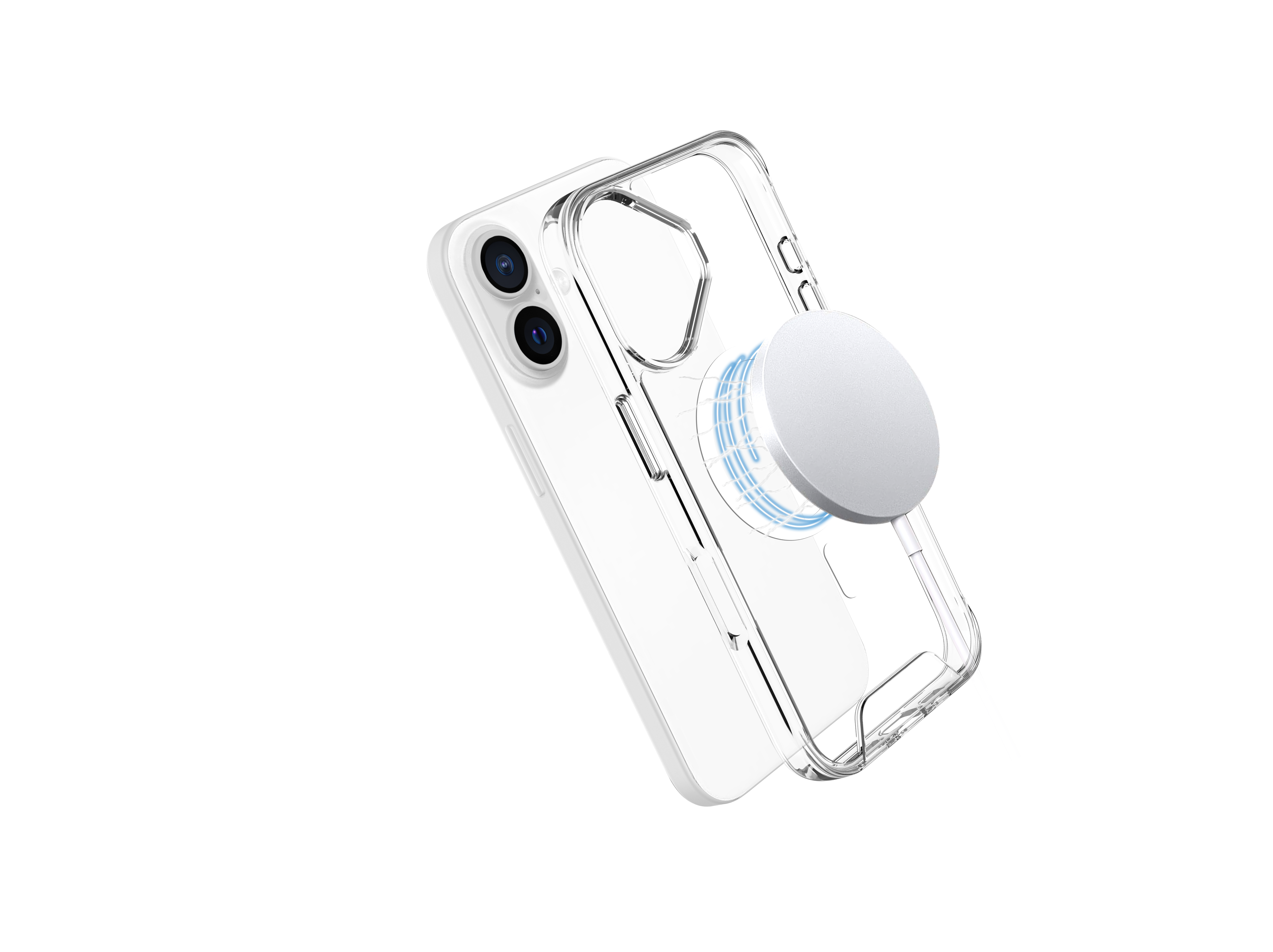 iPhone blanco con funda transparente y accesorio MagSafe blanco, sobre fondo negro.