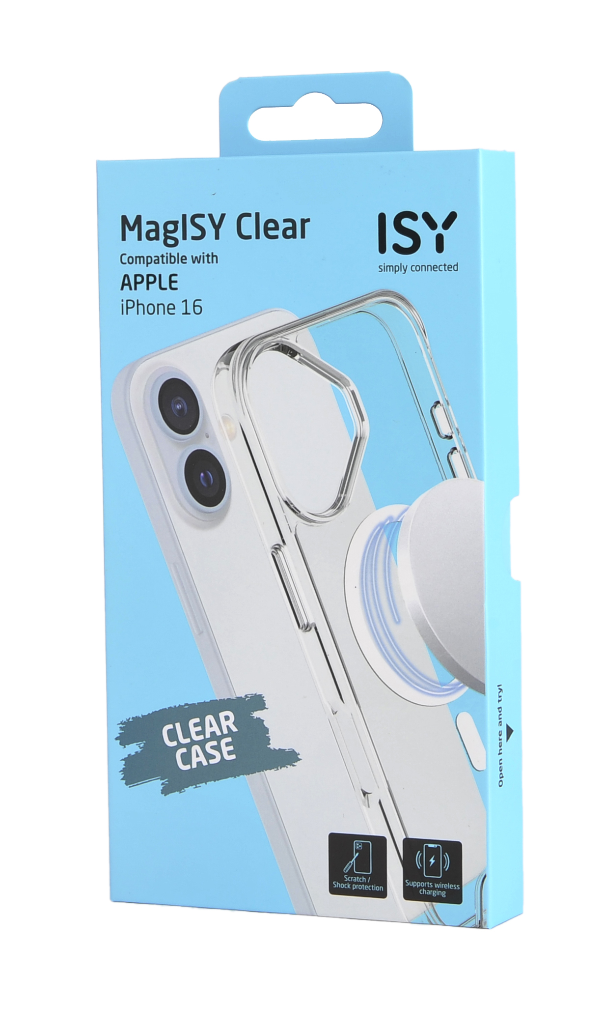 Caja de funda de teléfono que muestra una funda transparente para iPhone 16, con el logotipo de la marca ISY y características.
