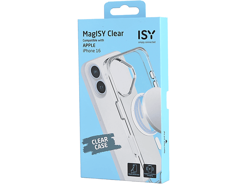 Funda móvil - ISY ISC 1115, Compatible con iPhone 16, Resistente a Golpes, Anillo Magnético Integrado, Transparente