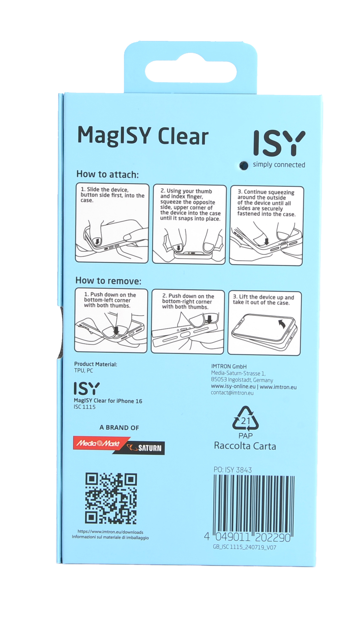 Parte trasera del embalaje de la funda MaglSY Clear, mostrando instrucciones, un código QR e información de la marca.