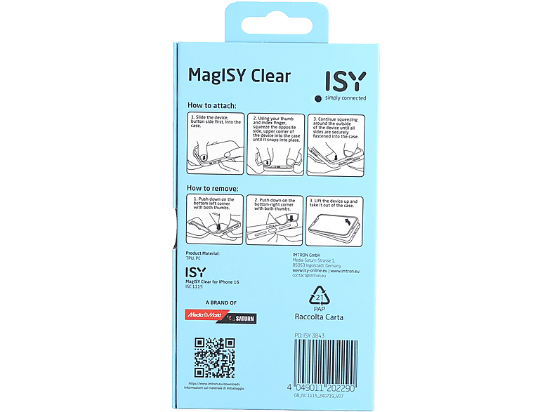 Funda móvil - ISY ISC 1115, Compatible con iPhone 16, Resistente a Golpes, Anillo Magnético Integrado, Transparente – imagen 2