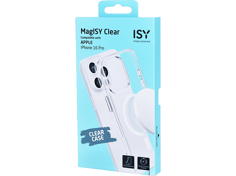 Funda móvil - ISY ISC 1116, Compatible con iPhone 16 Pro, Resistente a Golpes, Anillo Magnético Integrado, Transparente