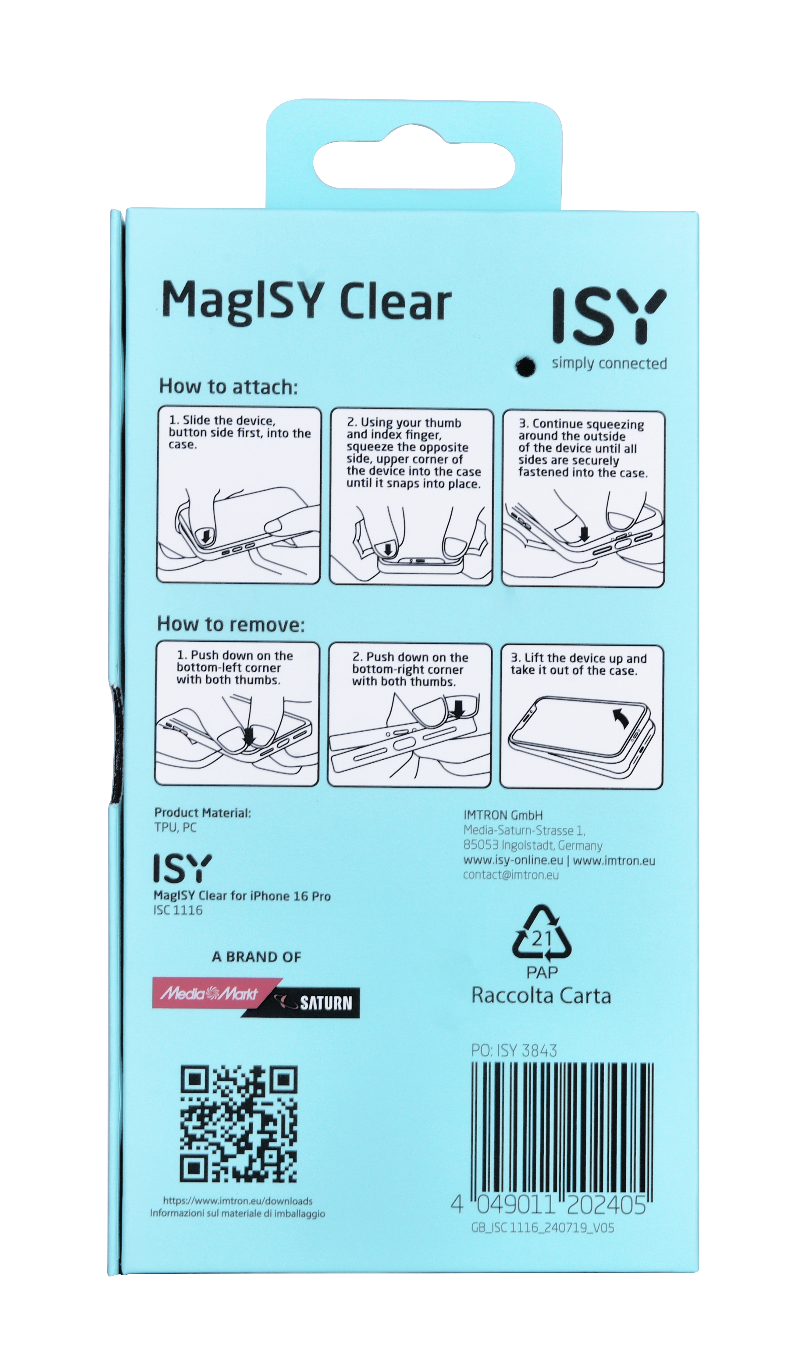 Parte trasera del embalaje de la funda MaglSY Clear, con instrucciones e información de la marca.