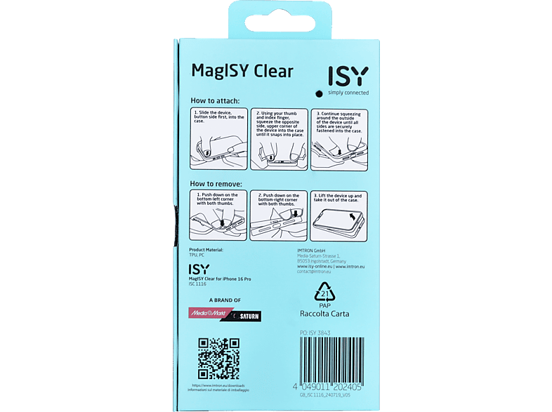Funda móvil - ISY ISC 1116, Compatible con iPhone 16 Pro, Resistente a Golpes, Anillo Magnético Integrado, Transparente – imagen 2