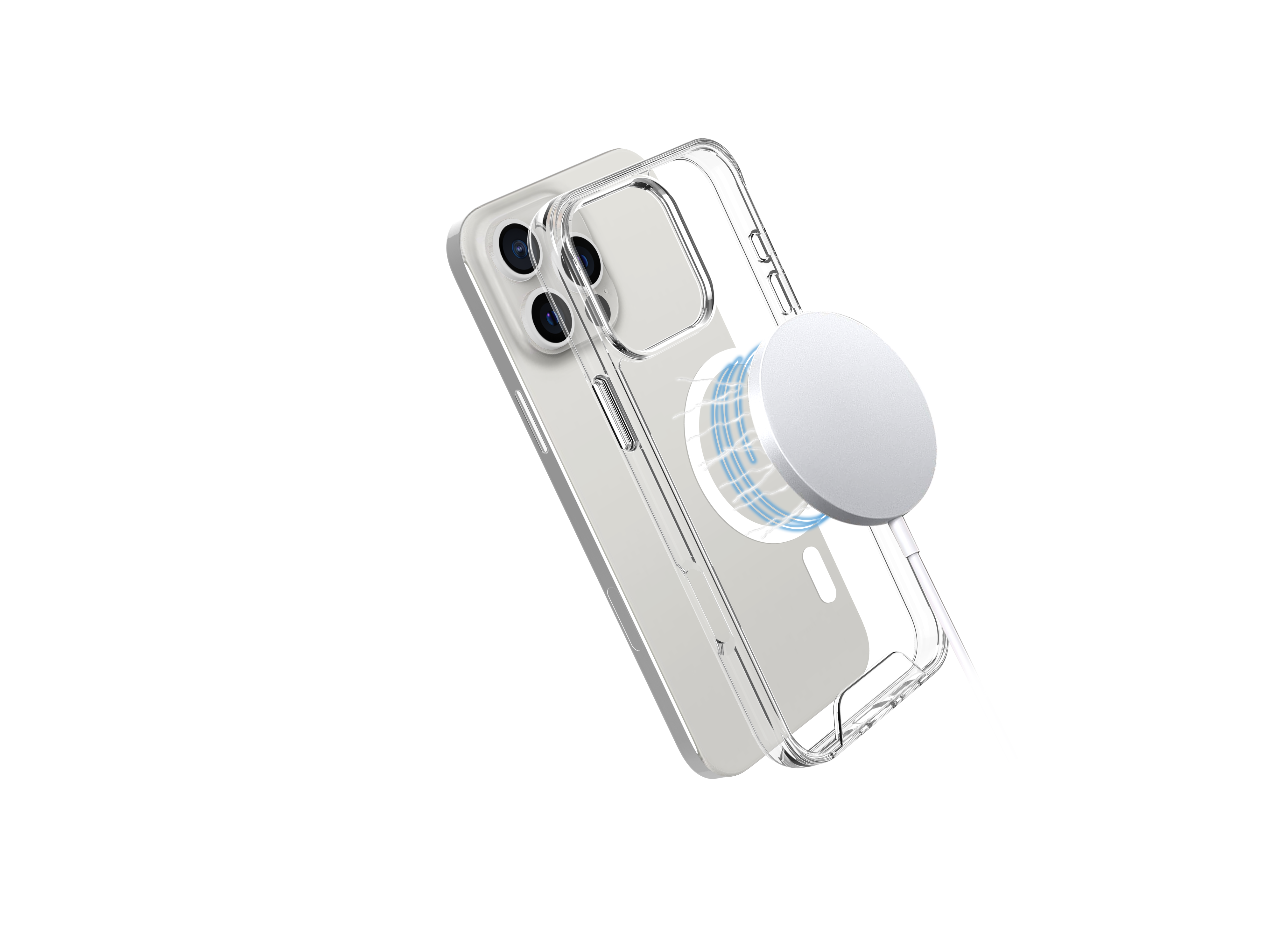 Teléfono con funda transparente y disco de carga magnética. Fondo negro con reflejos.