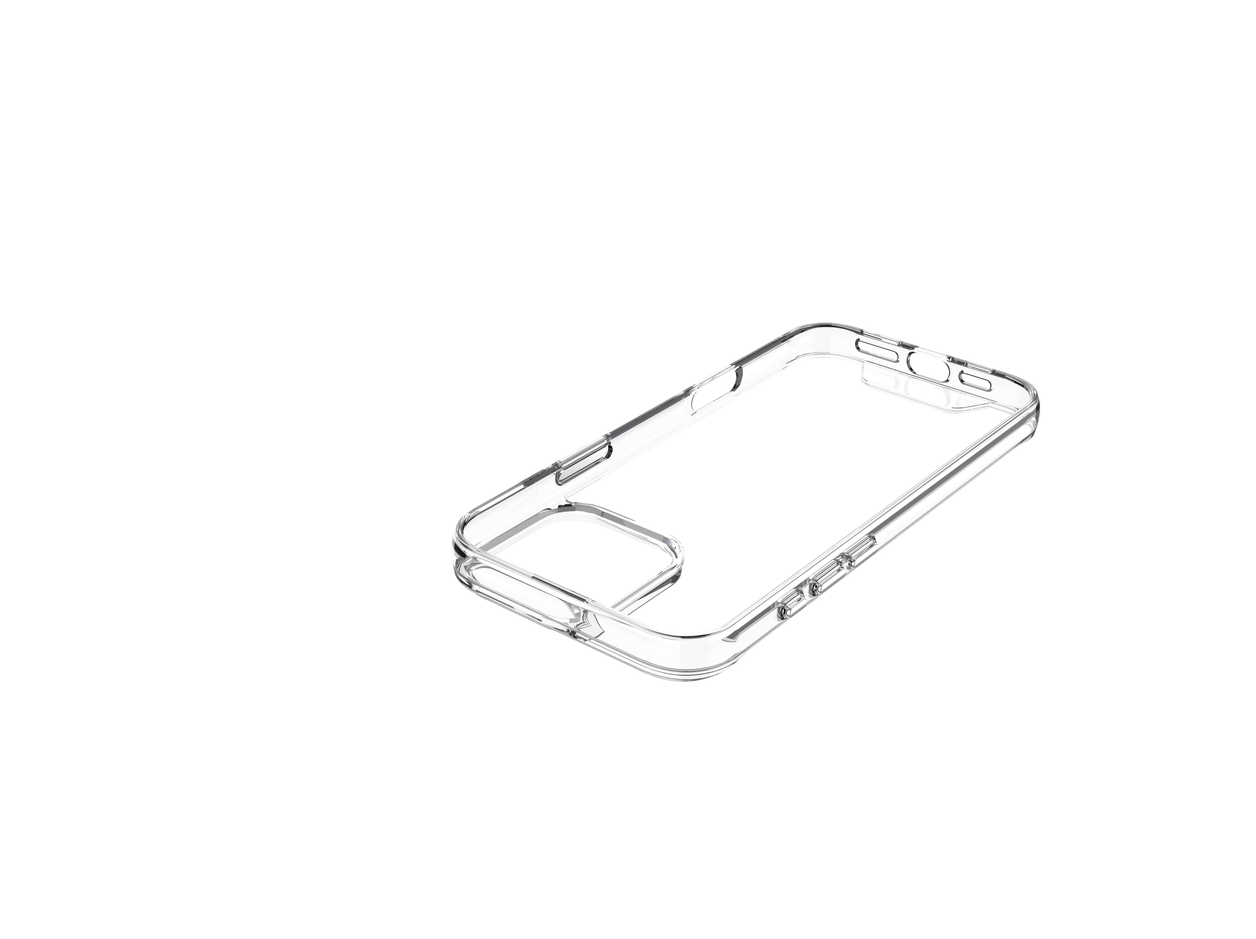 Una funda transparente para teléfono sobre un fondo negro. La funda tiene un círculo blanco en el interior.