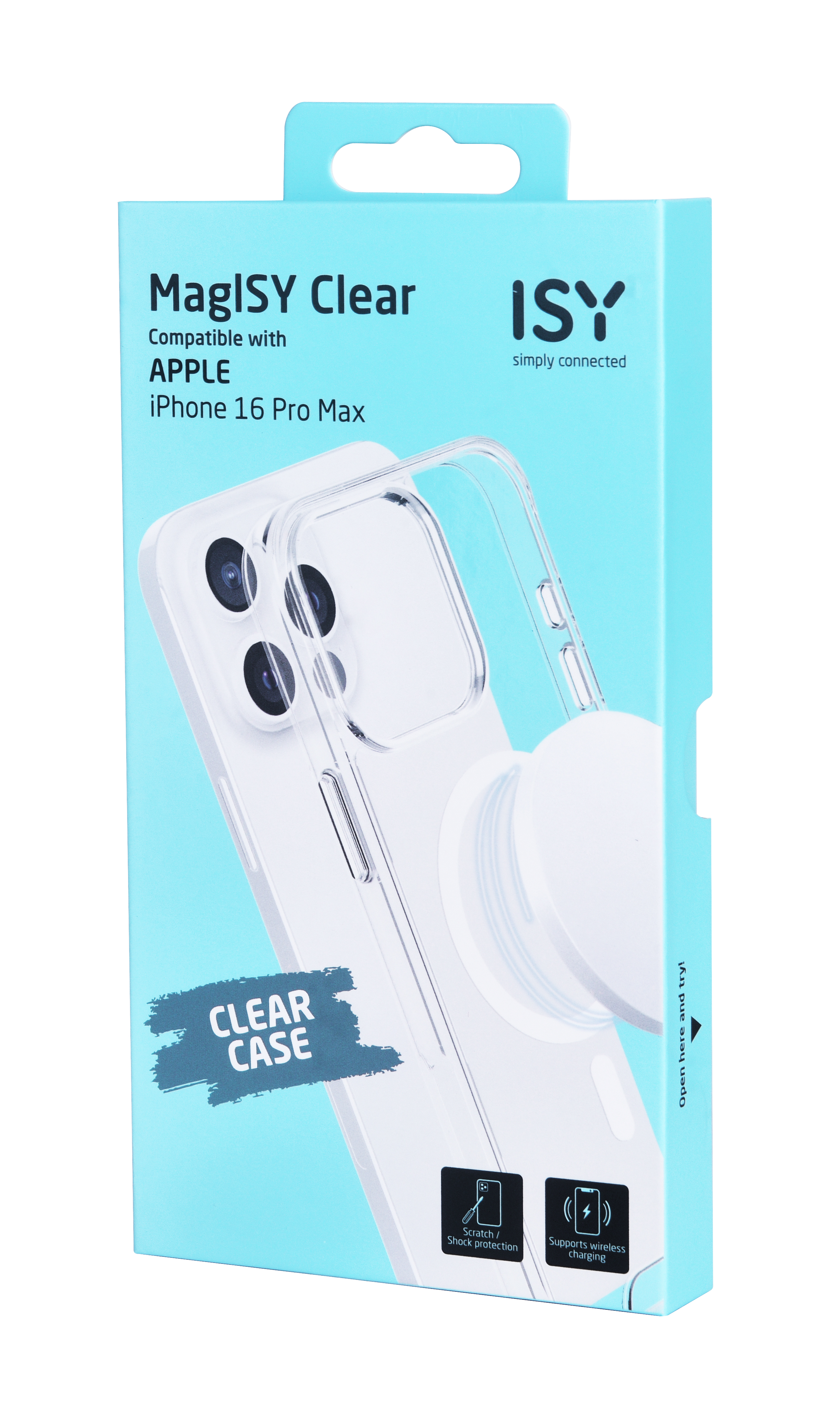 Caja con una funda transparente para teléfono y la marca MaglSY. Dice 'iPhone 16 Pro Max'.