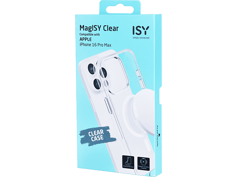 Funda móvil - ISY ISC 1117, Compatible con iPhone 16 Pro Max, Resistente a Golpes, Anillo Magnético Integrado, Transparente