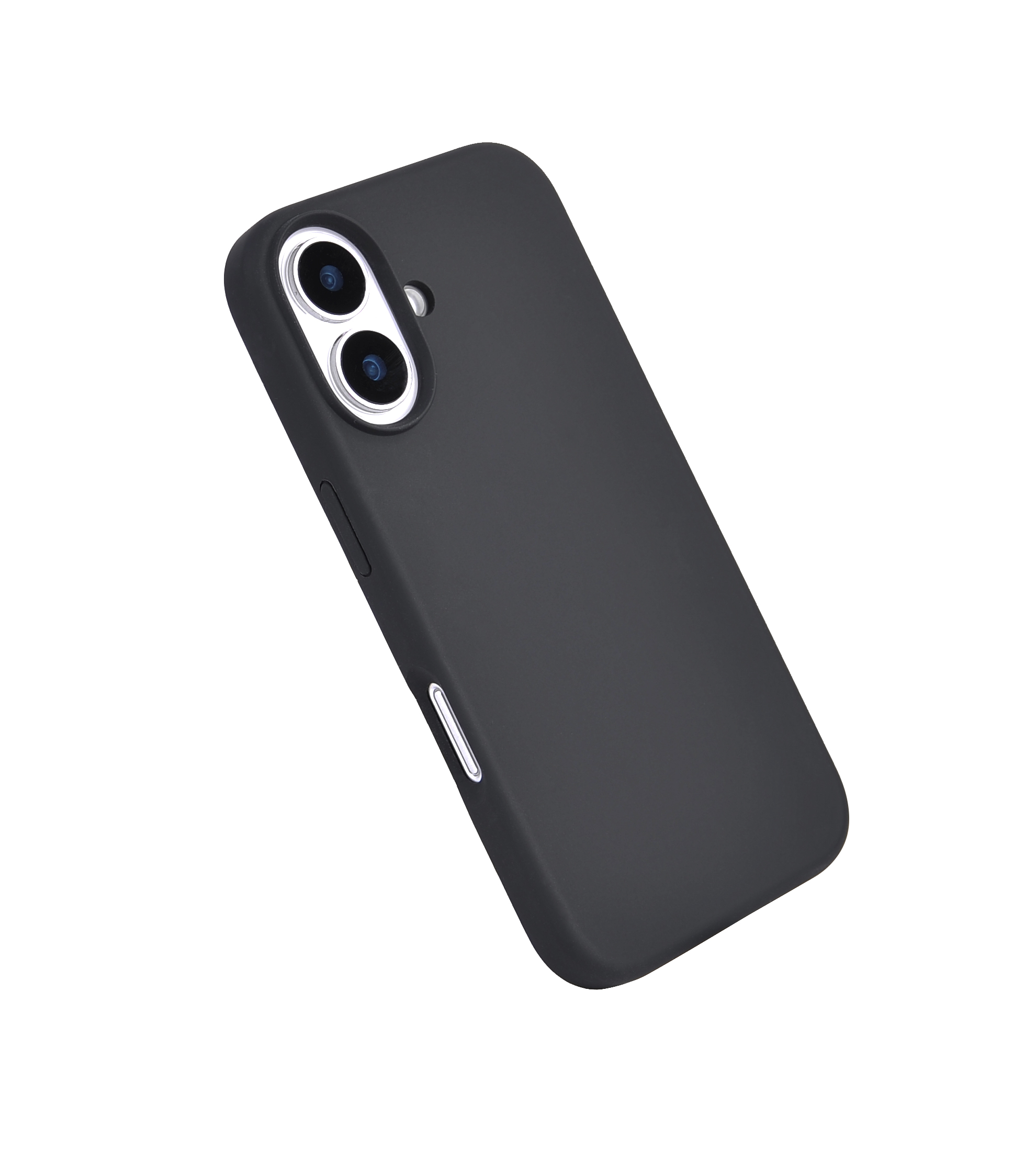 Funda de iPhone negra en ángulo, mostrando los recortes de la cámara y los botones laterales sobre un fondo blanco.