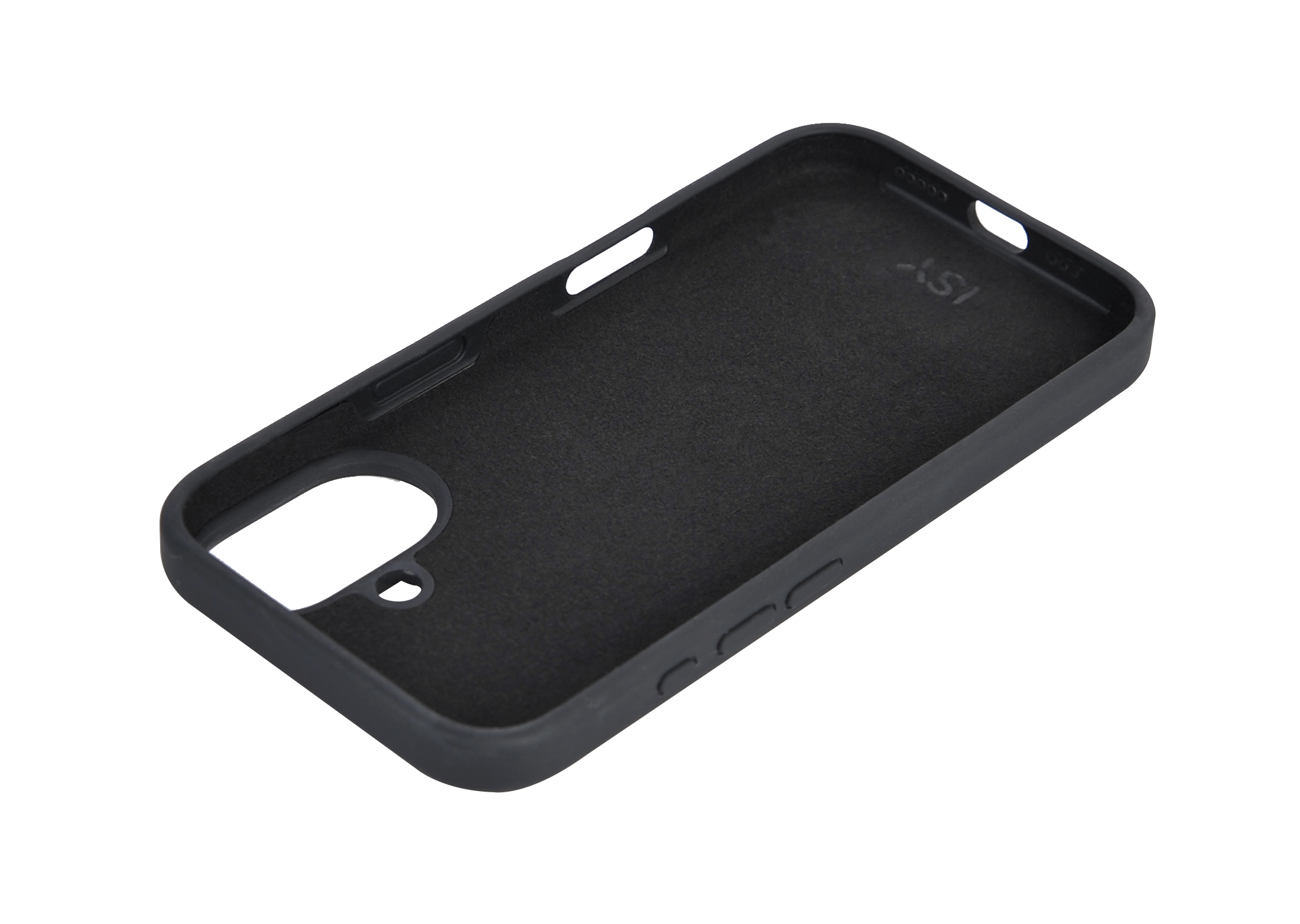 Interior de funda negra para teléfono, con superficie oscura y lisa. La funda está sobre blanco.
