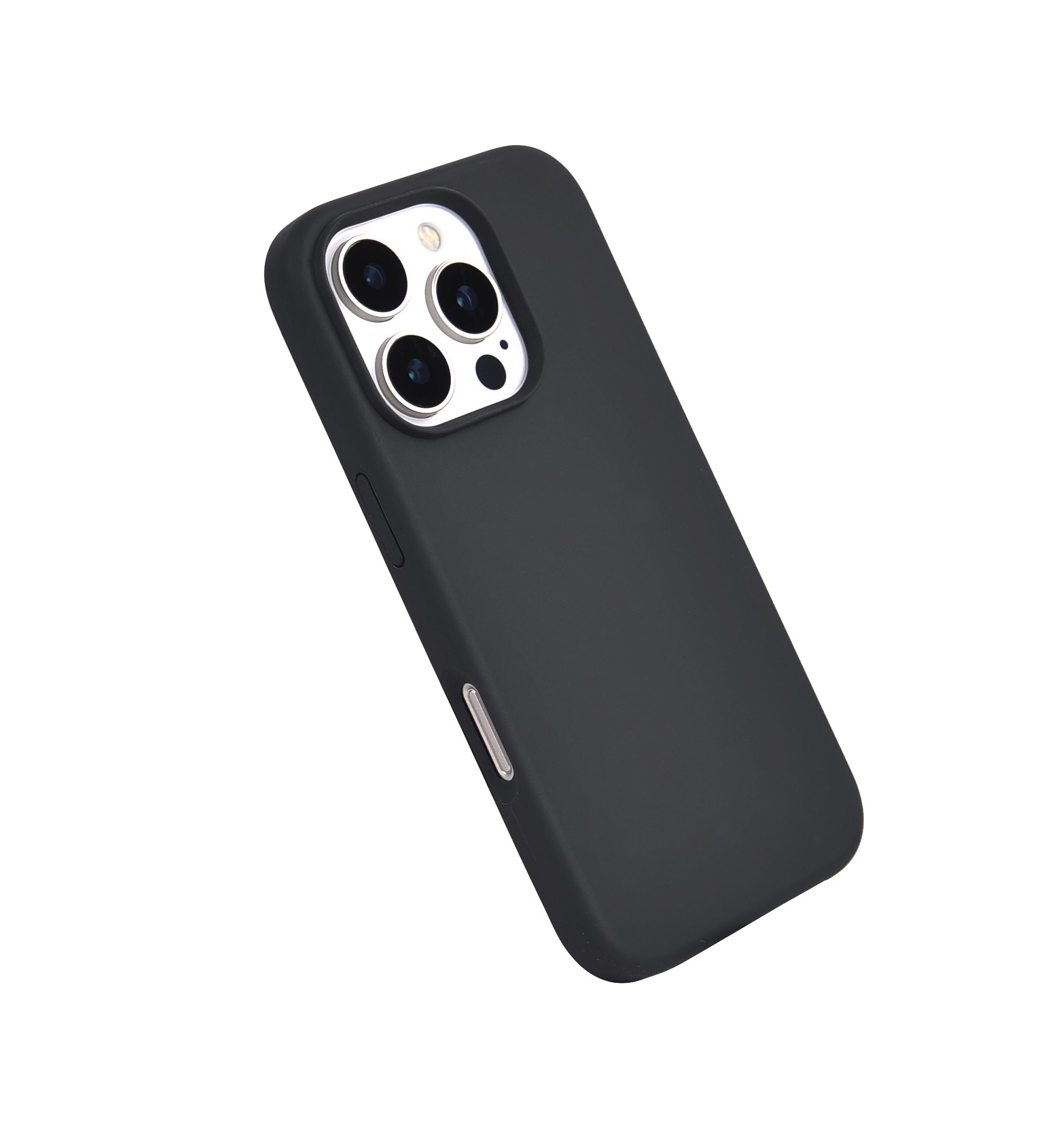 Funda negra para teléfono con recortes para la cámara, en ángulo sobre fondo blanco.