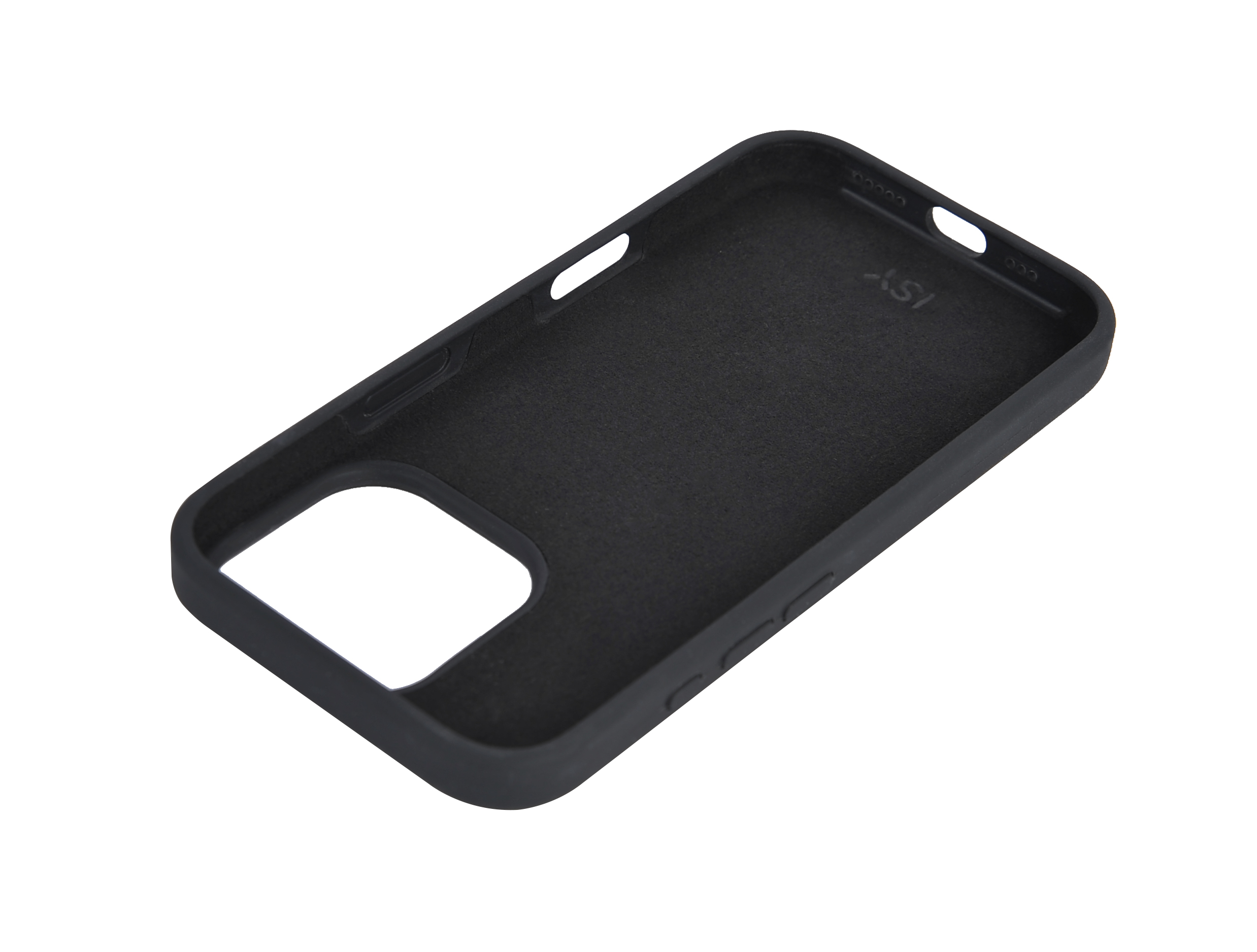 Funda negra para teléfono, abierta, mostrando el interior. El interior es negro con el texto 'XS1'.