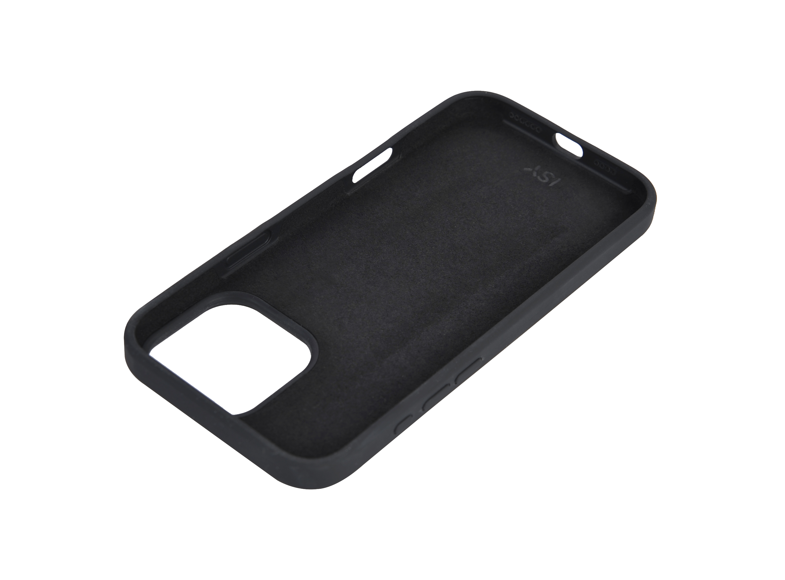 Funda negra para iPhone, abierta, mostrando el interior. La funda está sobre una superficie blanca.