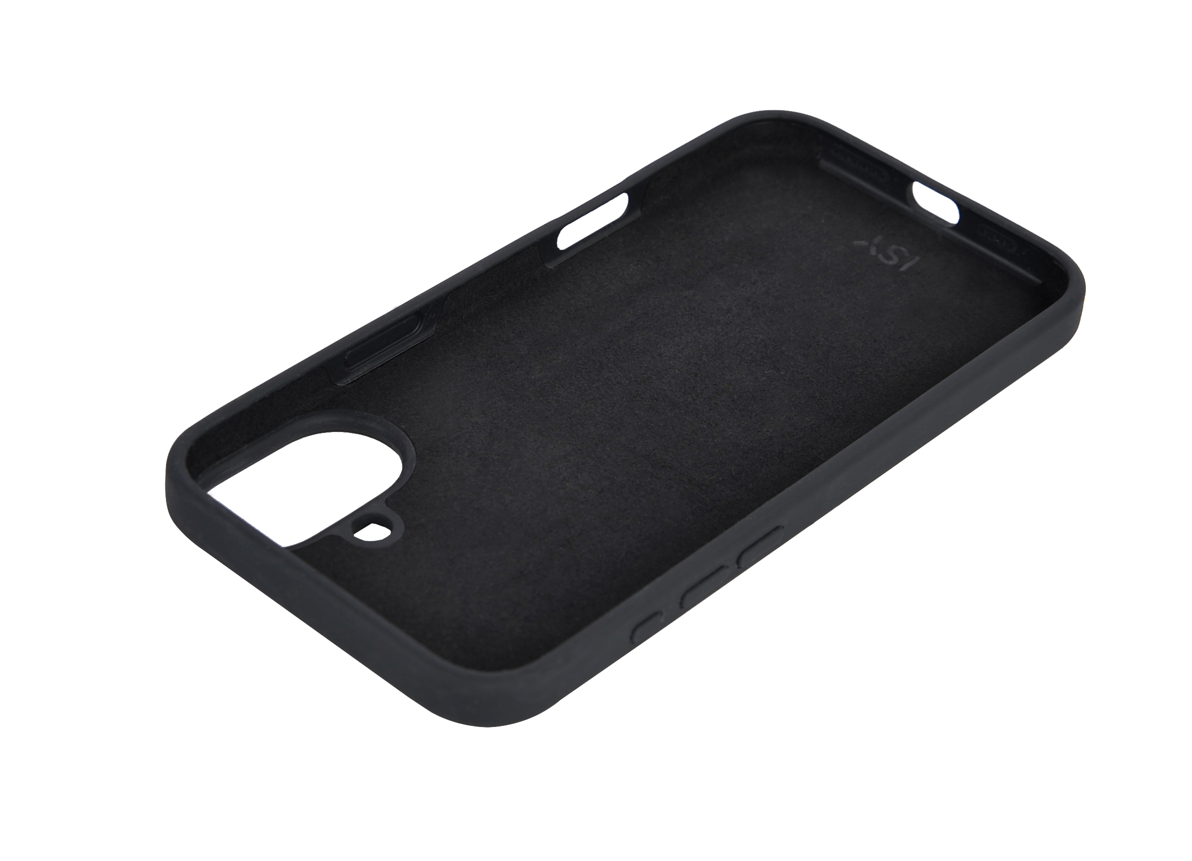 Interior de funda de teléfono negra. Muestra el interior y botones laterales.