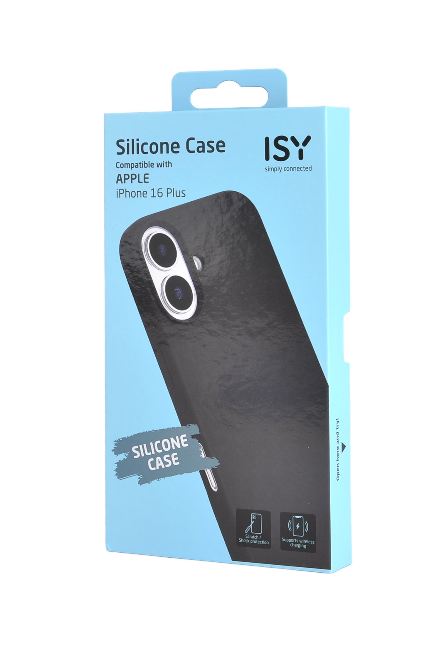 Una caja azul y blanca que es una funda de silicona para el iPhone 16 Plus.