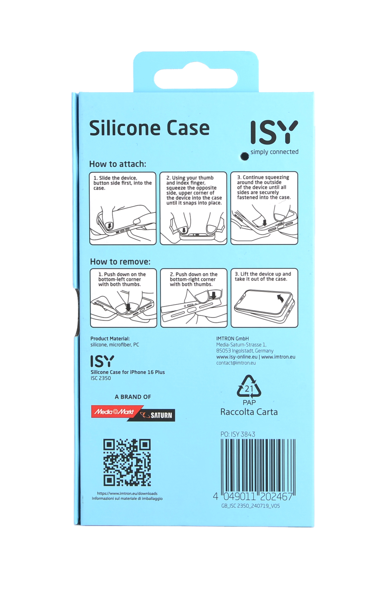 Una caja azul con instrucciones para una funda de silicona, mostrando cómo colocar y quitar un teléfono.