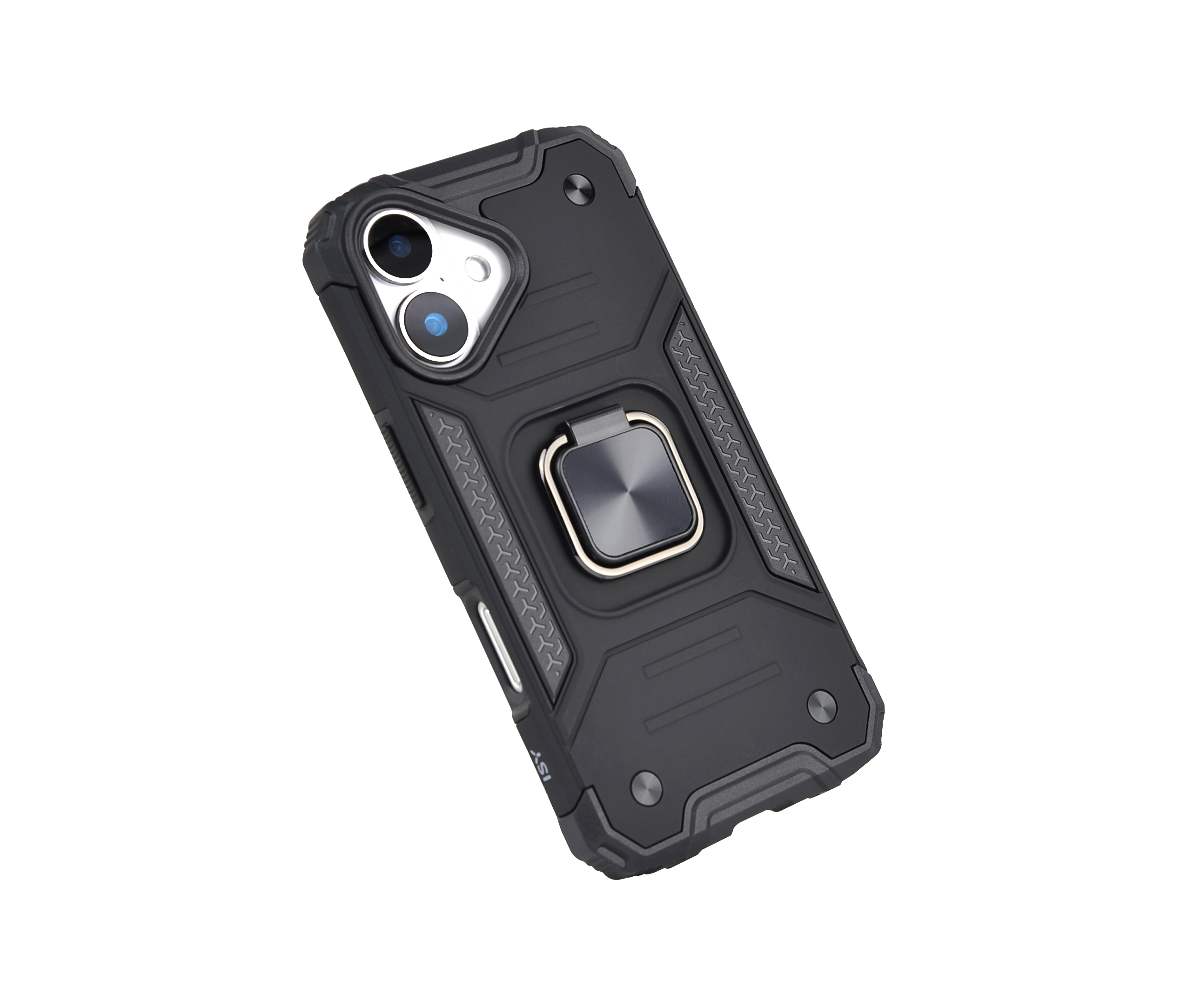 Funda negra para teléfono con soporte de anillo, sobre fondo blanco.