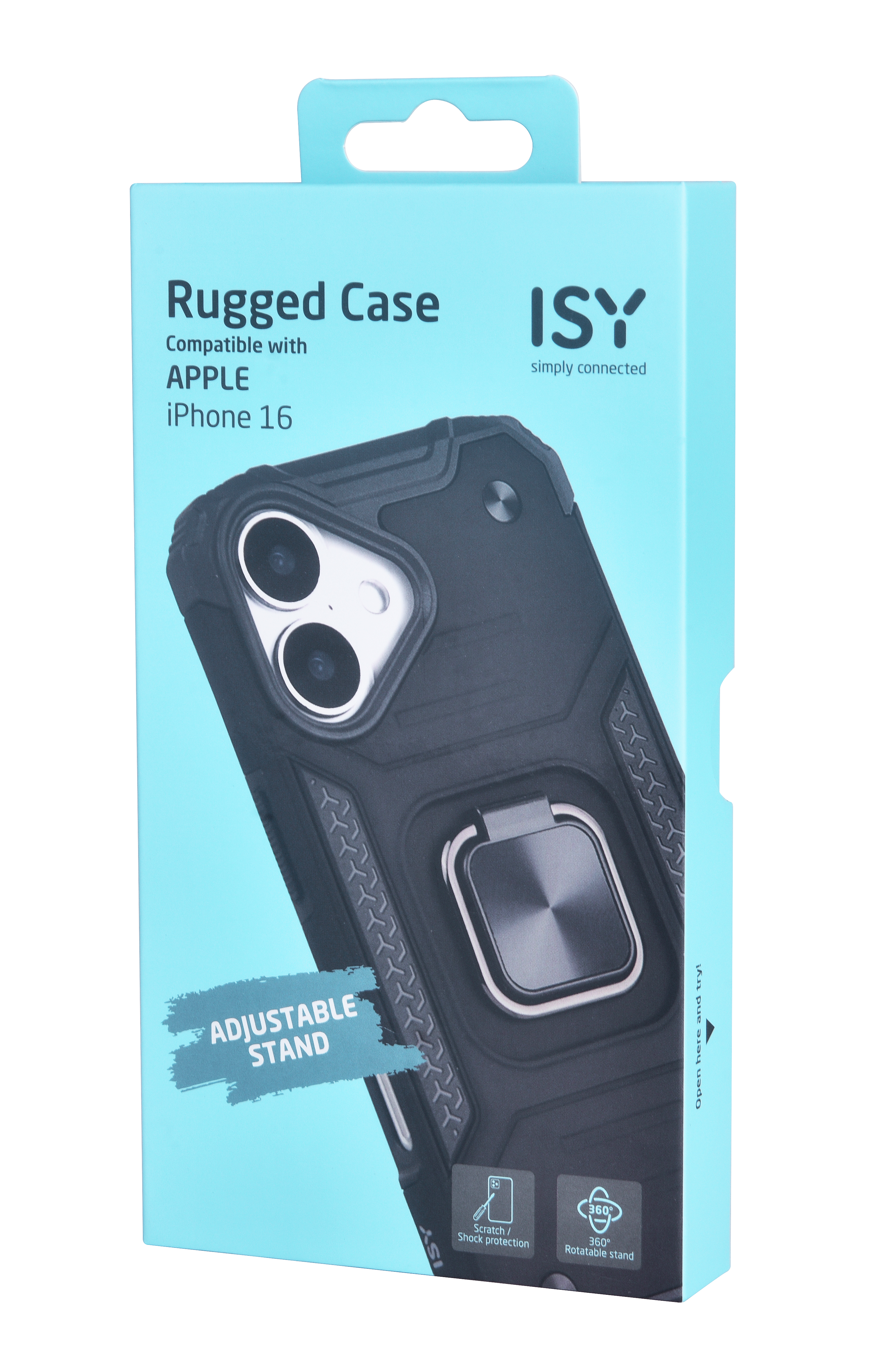 Funda resistente para iPhone en caja azul claro. Características incluyen soporte ajustable y protección.