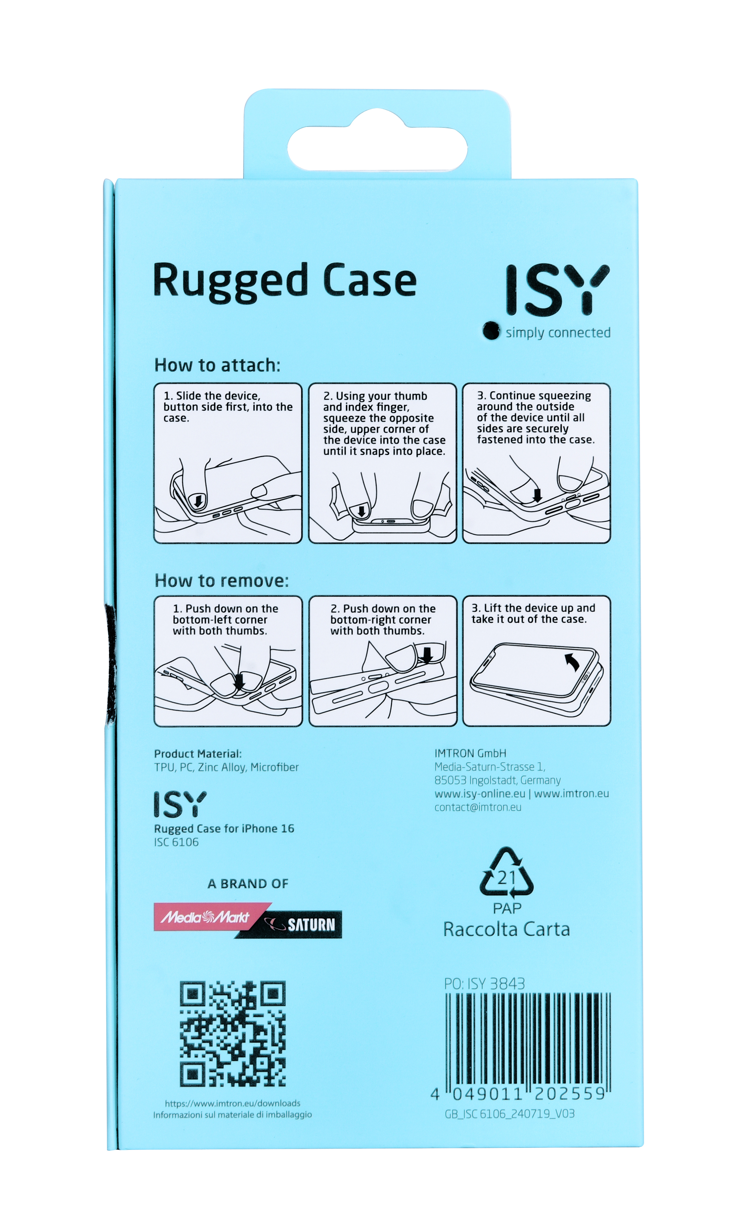 La parte trasera de una funda robusta azul para un iPhone, con instrucciones y detalles de la marca.