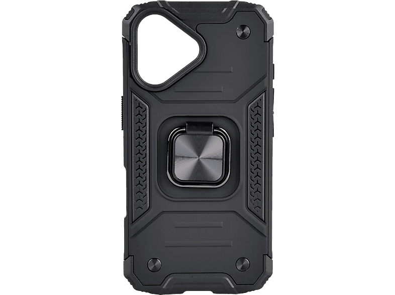 Funda móvil - ISY ISC 6106, Compatible con iPhone 16, Resistente a Golpes, Soporte Plegable Integrado, Negro