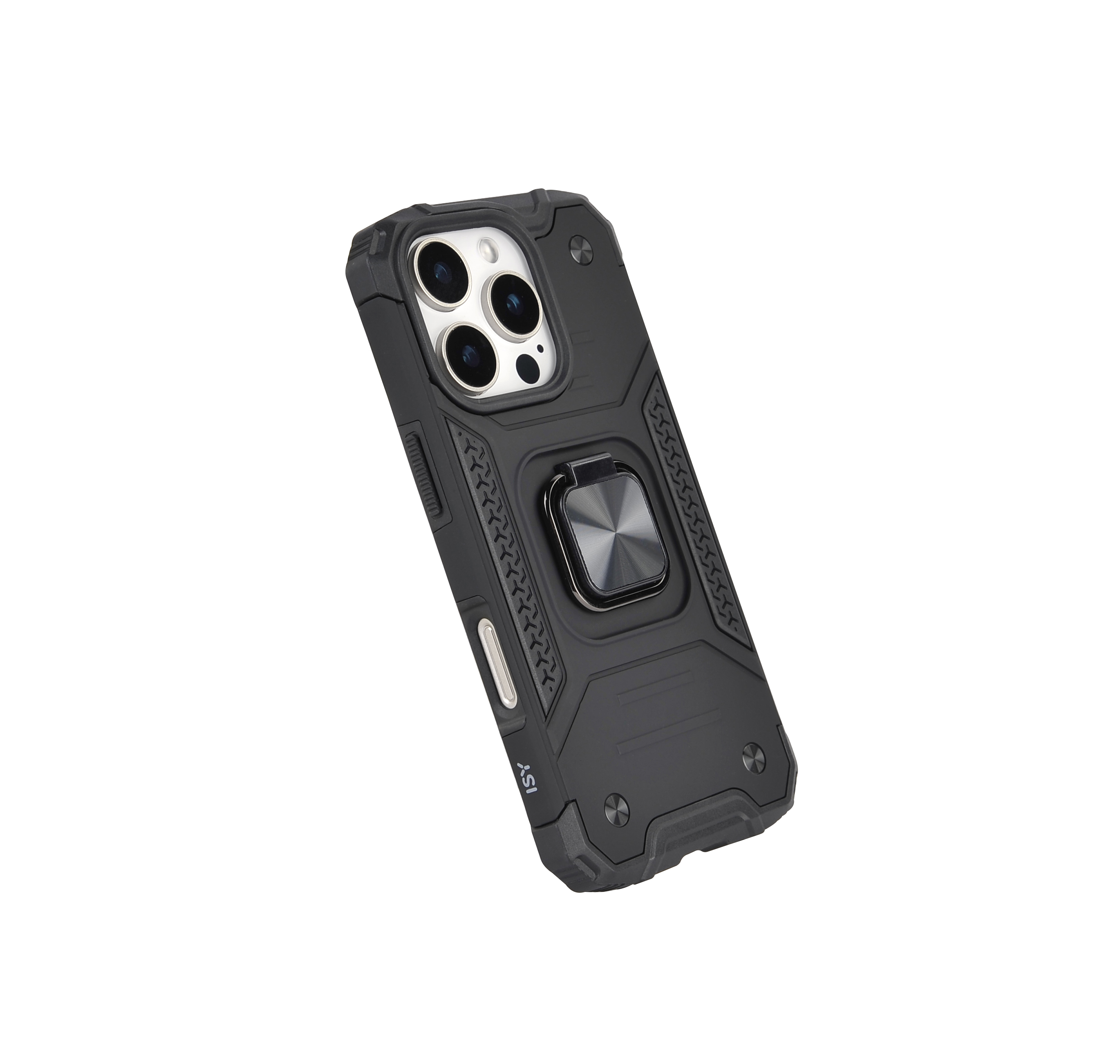 Funda de teléfono negra con soporte de anillo. Tiene un soporte de anillo gris y un patrón texturizado negro.