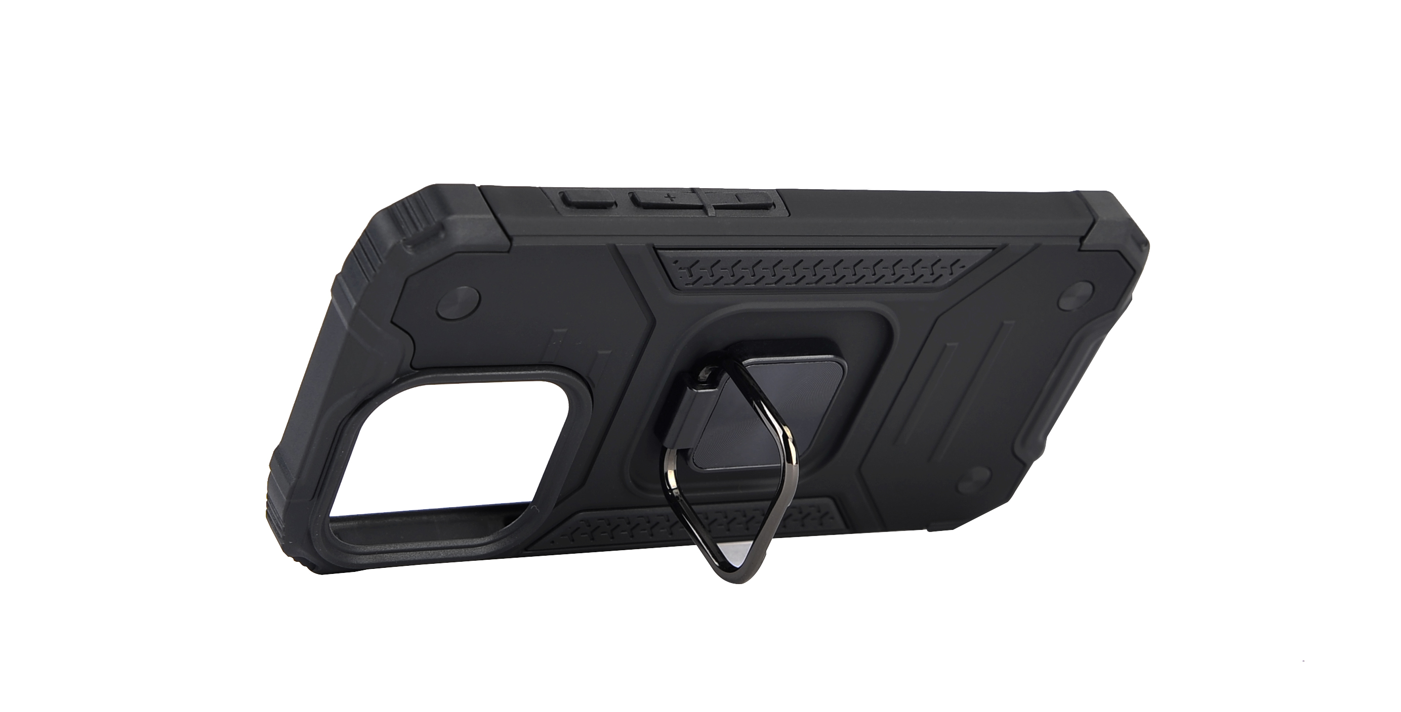 Funda de teléfono negra con soporte de anillo. La funda es resistente y tiene un soporte de anillo.