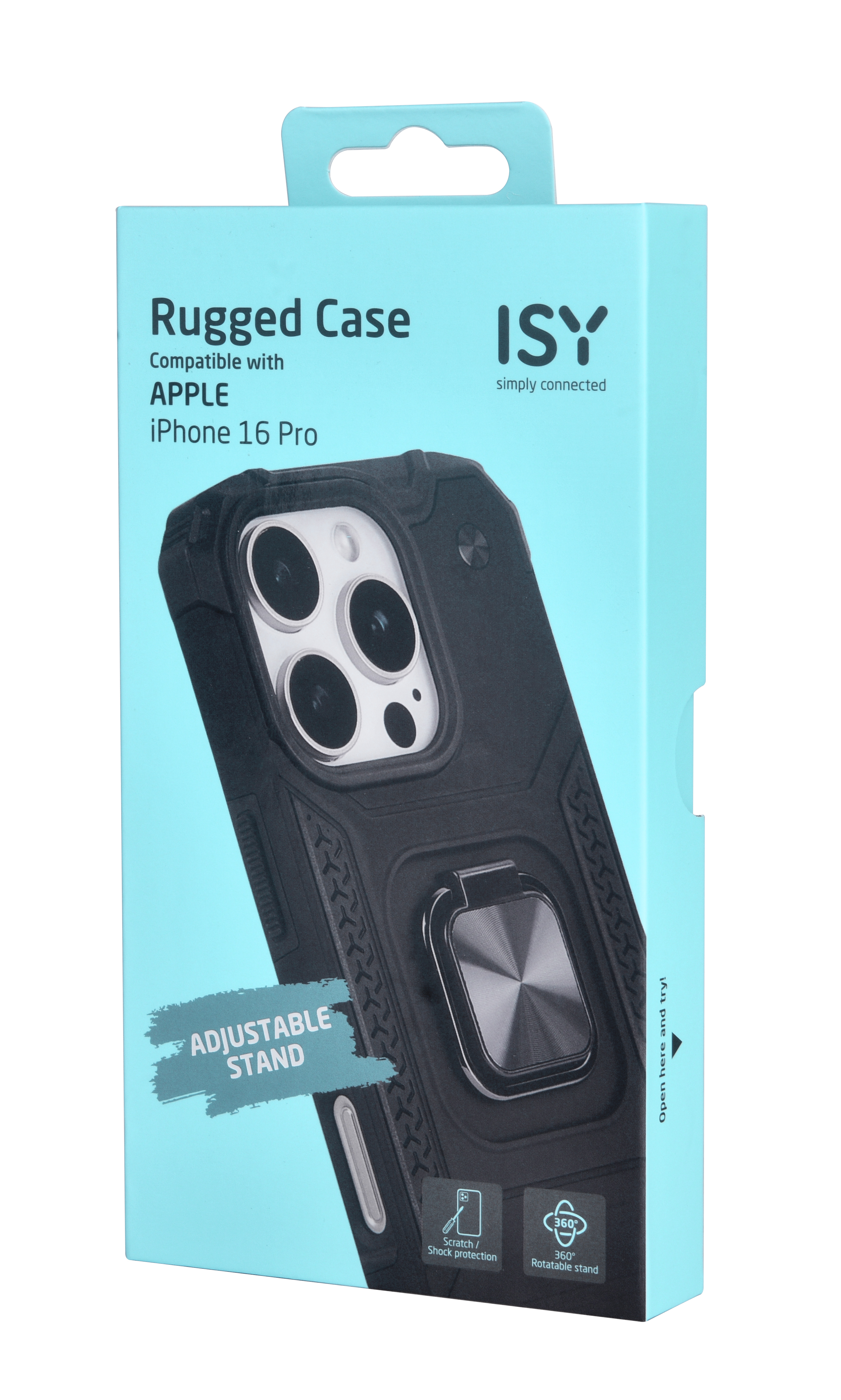 Caja de funda de teléfono con funda negra, soporte de anillo y soporte ajustable. Colores azul y blanco.